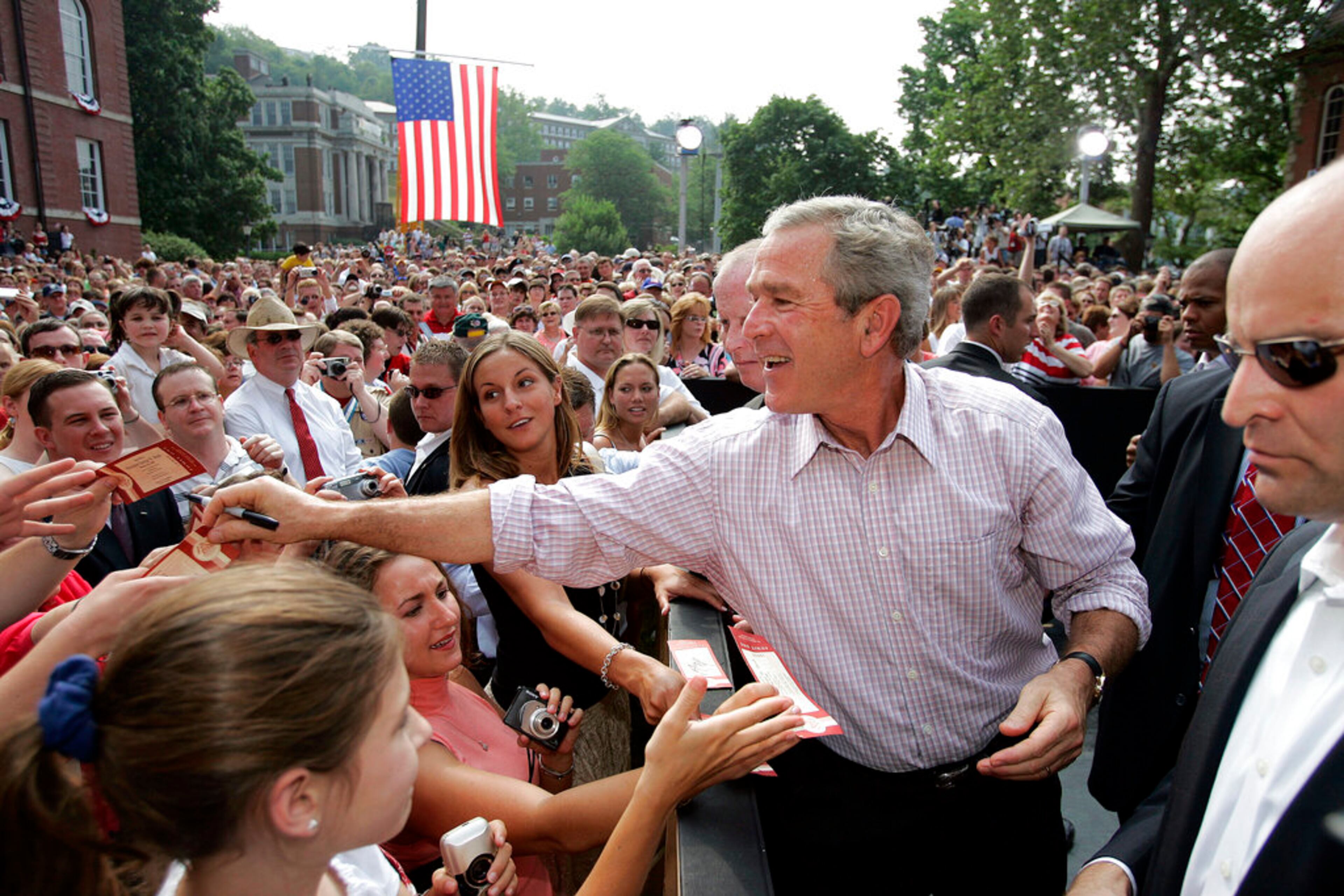FILE - In this July 4, 2005 file photo, President Bush greets the crowd after delivering remarks at Independence Day celebrations at West Virginia University in Morgantown, W.V. (AP Photo/Gerald Herbert)
