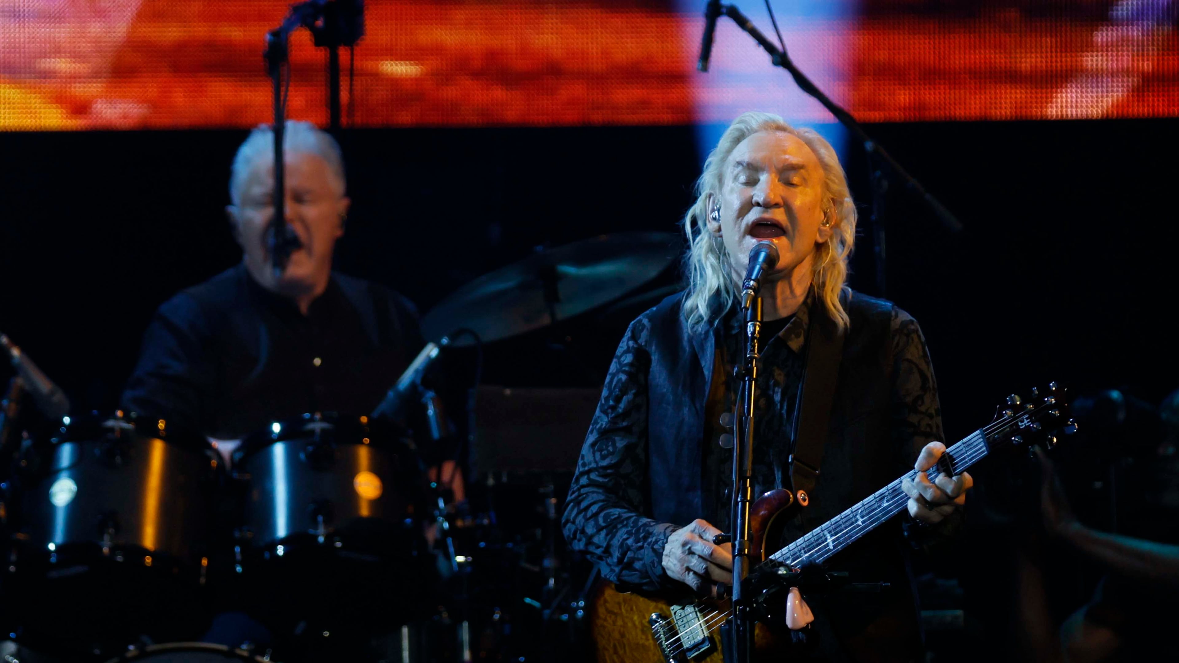 Guitarist and singer Joe Walsh of the Eagles sings while Don Henley plays drums during the Long Goodbye Act III tour at Truist Park on Tuesday, May 5, 2026.
(Miguel Martinez/AJC)