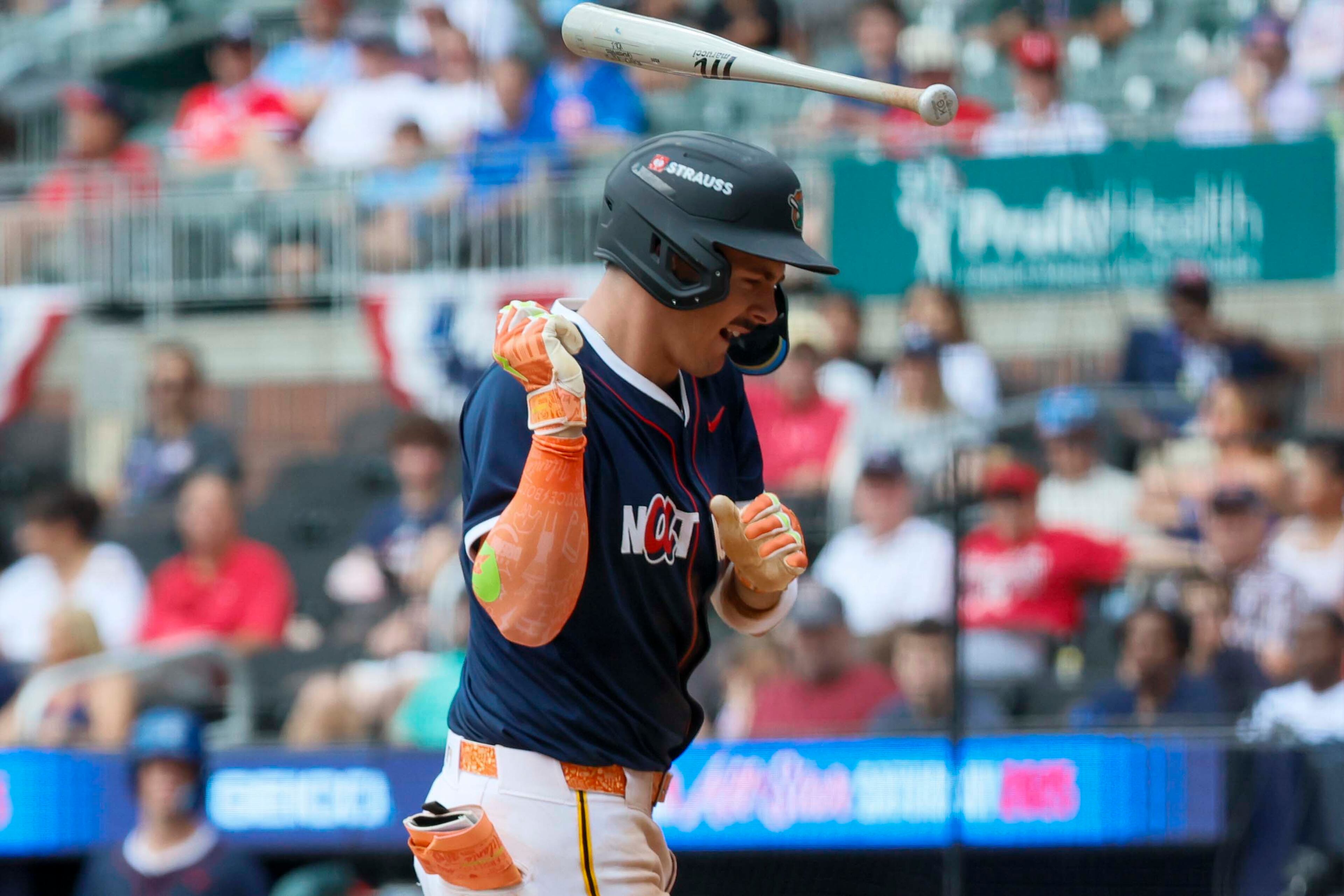 National League pitcher Konnor Griffin (22) reacts after being hit by a pitch during the MLB All-Star Futures Game at Truist Park on Saturday, July 12, 2025, in Atlanta.
(Miguel Martinez/ AJC)