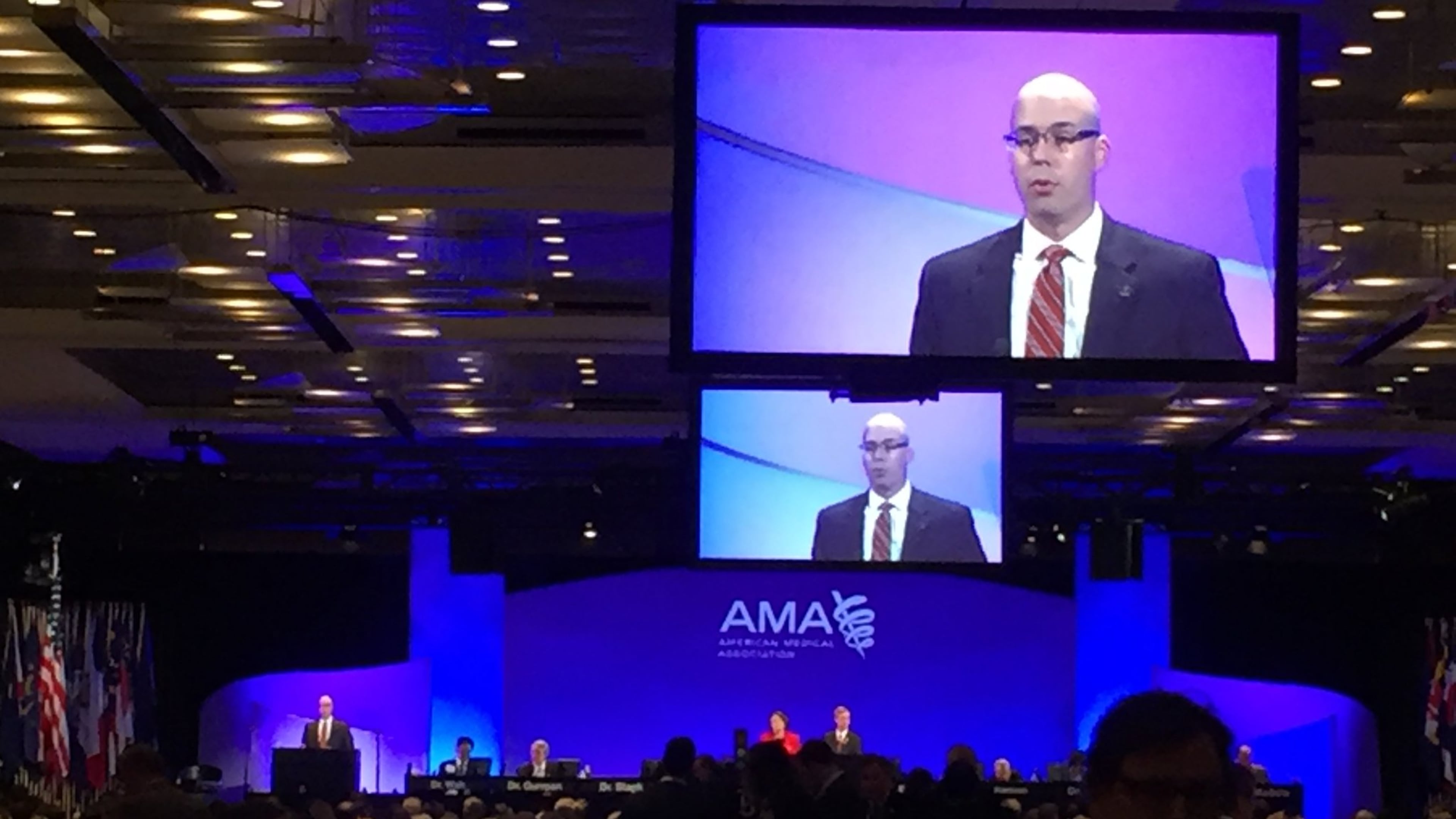The American Medical Association’s House of Delegates, shown here in Chicago in 2016, will consider a proposal that calls for notifying police when doctors sexually abuse patients. ALAN JUDD/ajudd@ajc.com