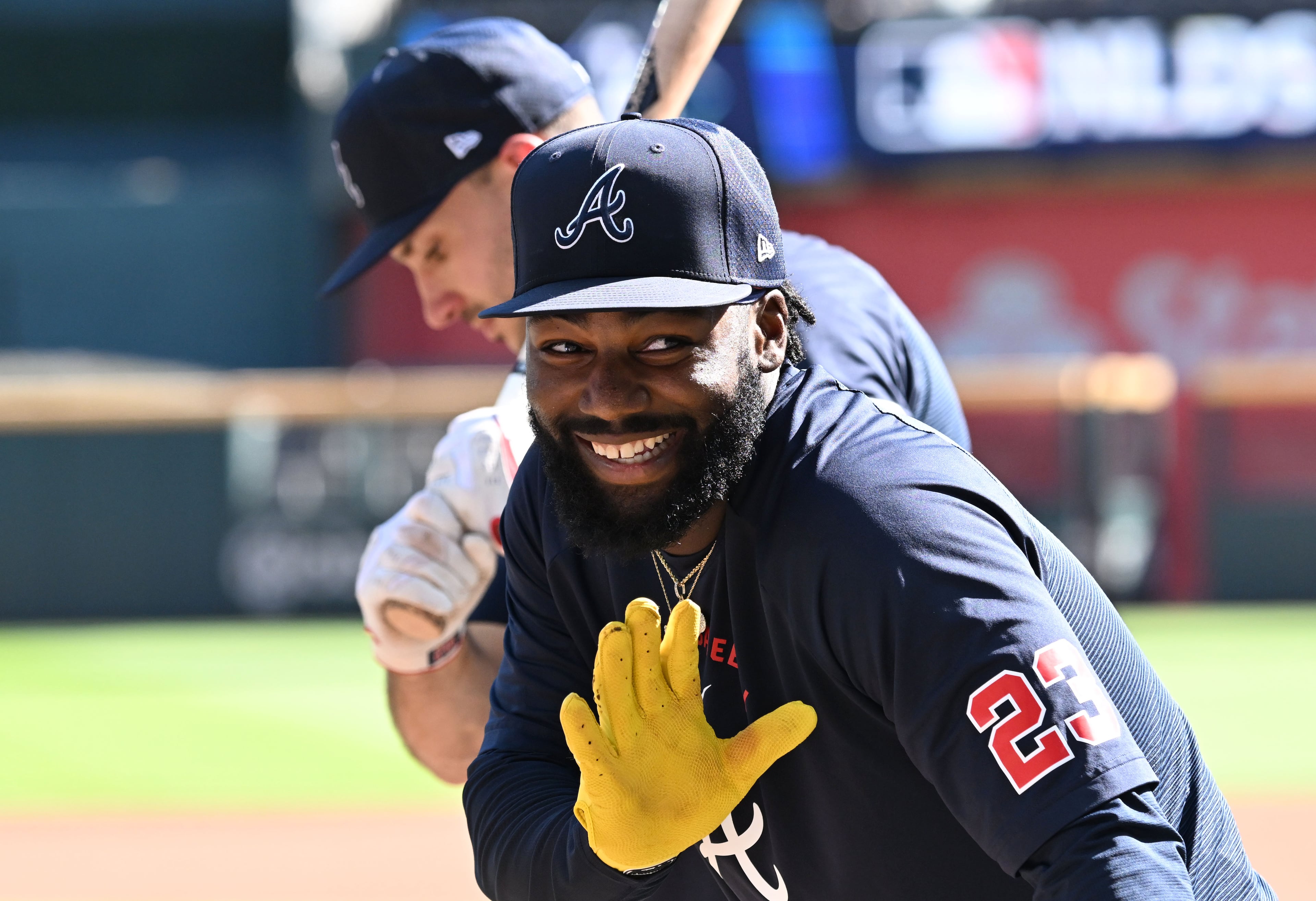 Atlanta Braves center fielder Michael Harris II reacts during a batting practice before Game 3 of the National League Division Series against Los Angeles Dodgers at Truist Park on Tuesday, Oct. 6, 2026, in Atlanta. (Hyosub Shin/AJC)\b23