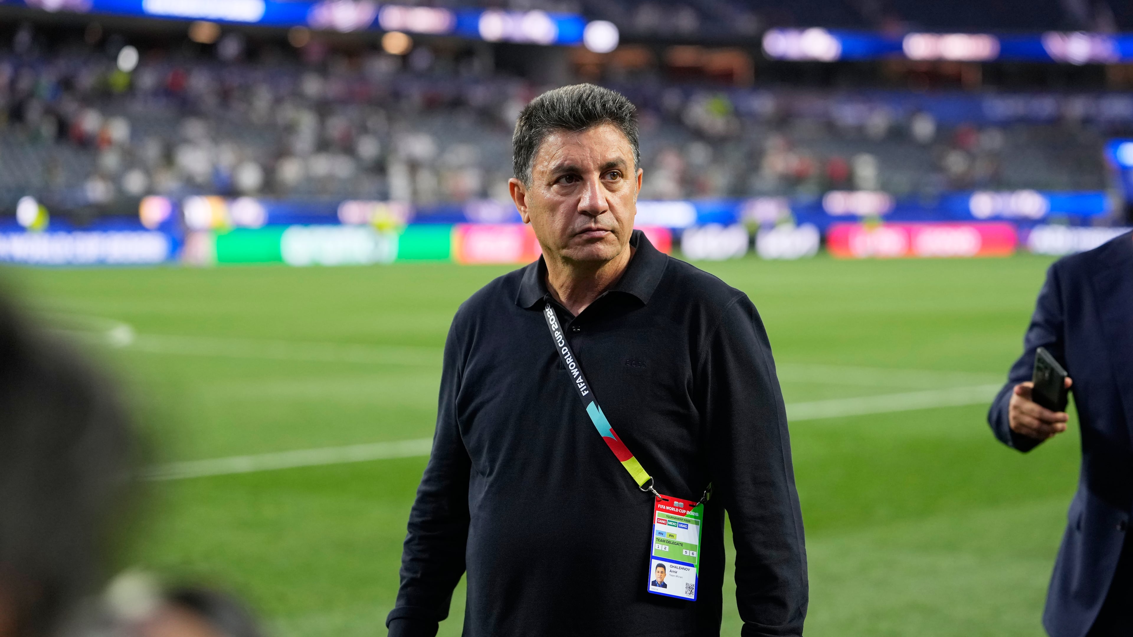 Iran head coach Amir Ghalenoei walks off the field after a draw during the World Cup Group G soccer match between Iran and New Zealand in Inglewood, Calif., near Los Angeles, Monday, June 15, 2026. (AP Photo/Mark J. Terrill)