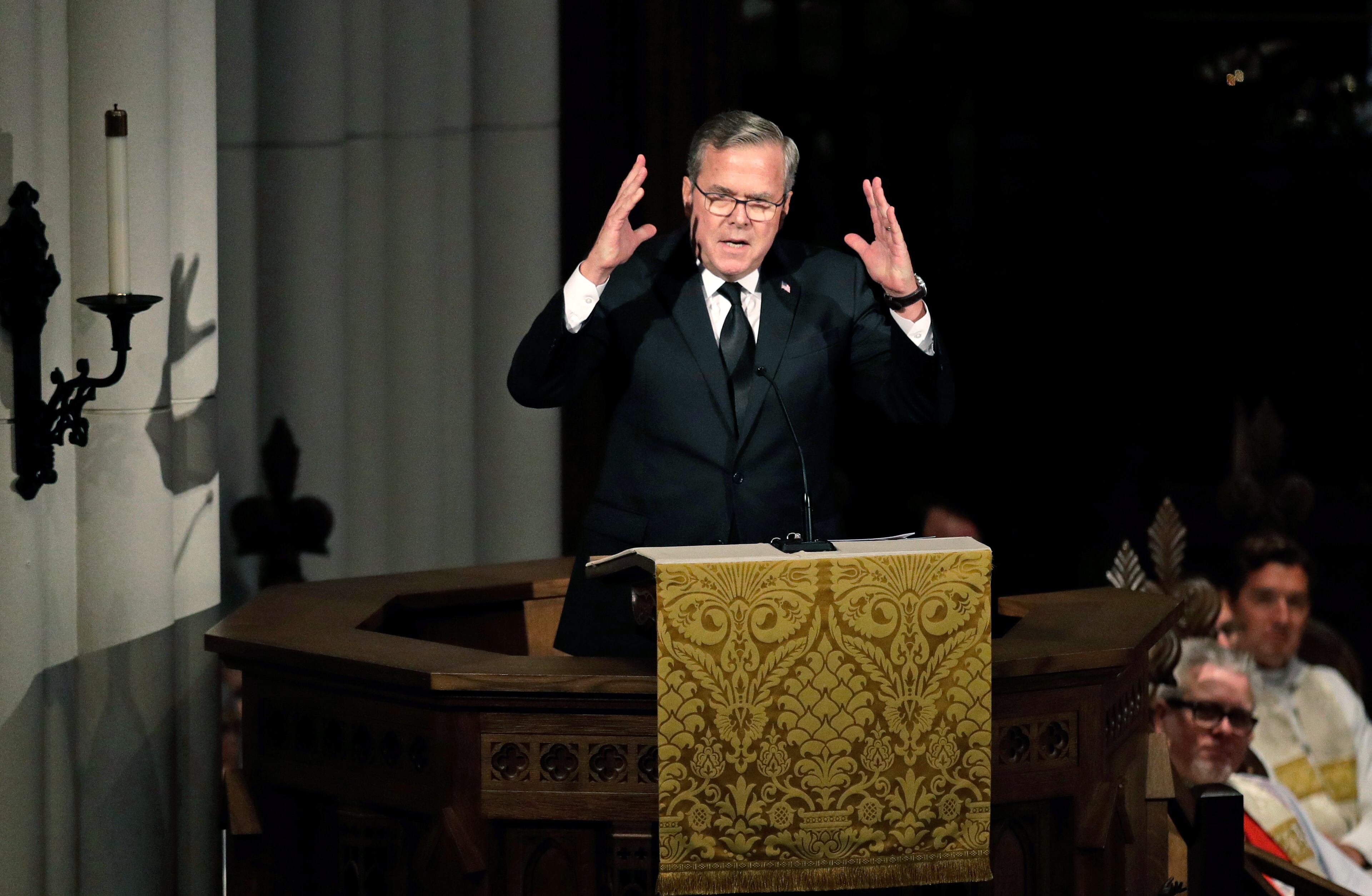 HOUSTON, TX - APRIL 21: Former Florida Governor Jeb Bush speaks during a funeral service for his mother, former first lady Barbara Bush at St. Martin's Episcopal Church, April 21, 2018 in Houston, Texas. Bush, wife of former president George H. W. Bush and mother of former president George W. Bush, died at her home in Houston on April 17 at the age of 92. (Photo by David J. Phillip-Pool/Getty Images)