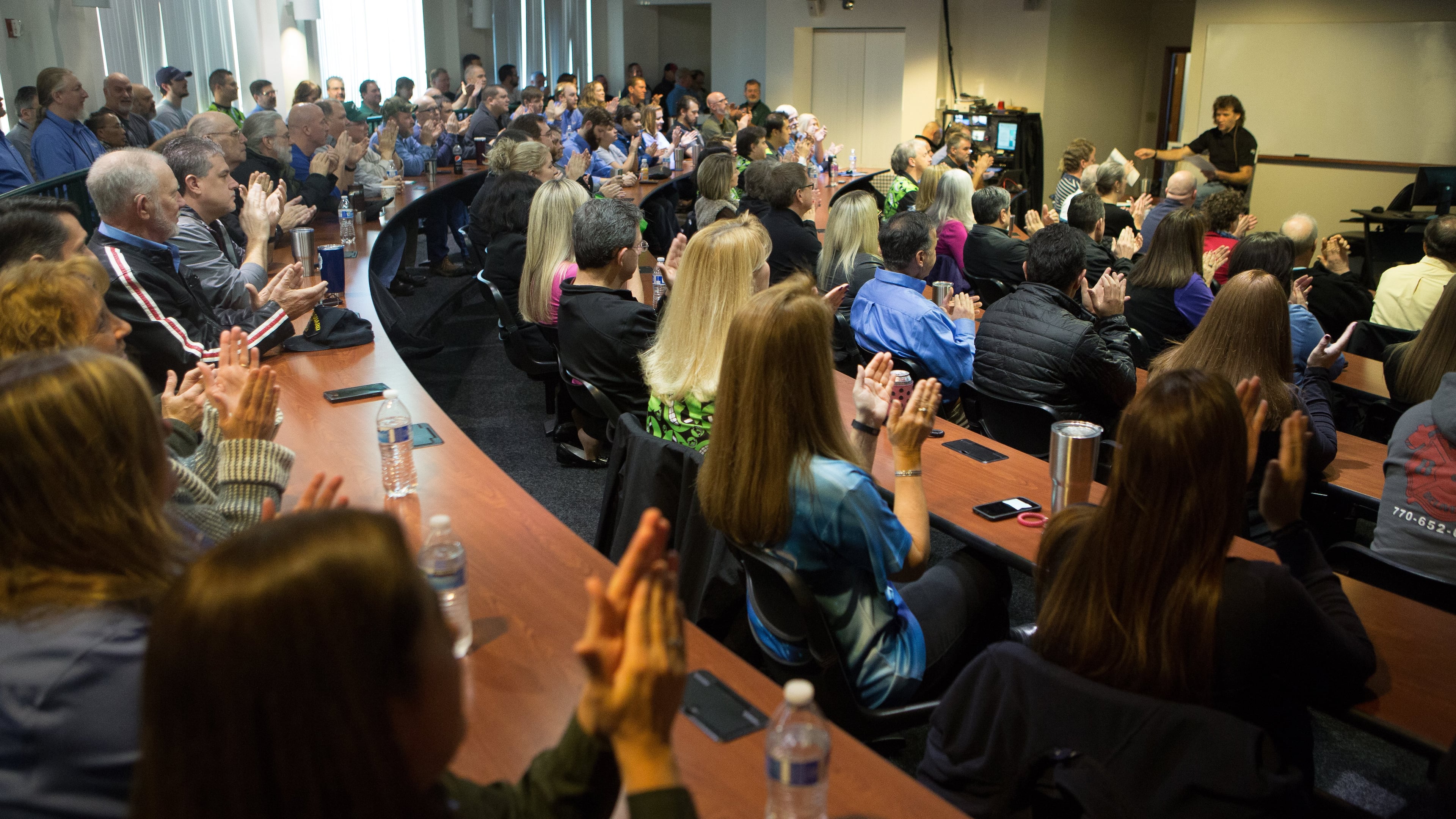 President Tim Hohmann addresses employees at the weekly staff meeting at AutomationDirect.com in Cumming on January 31st, 2017. AutomationDirect.com is the medium employer AJC Top Workplace winner. (Photo by Phil Skinner)