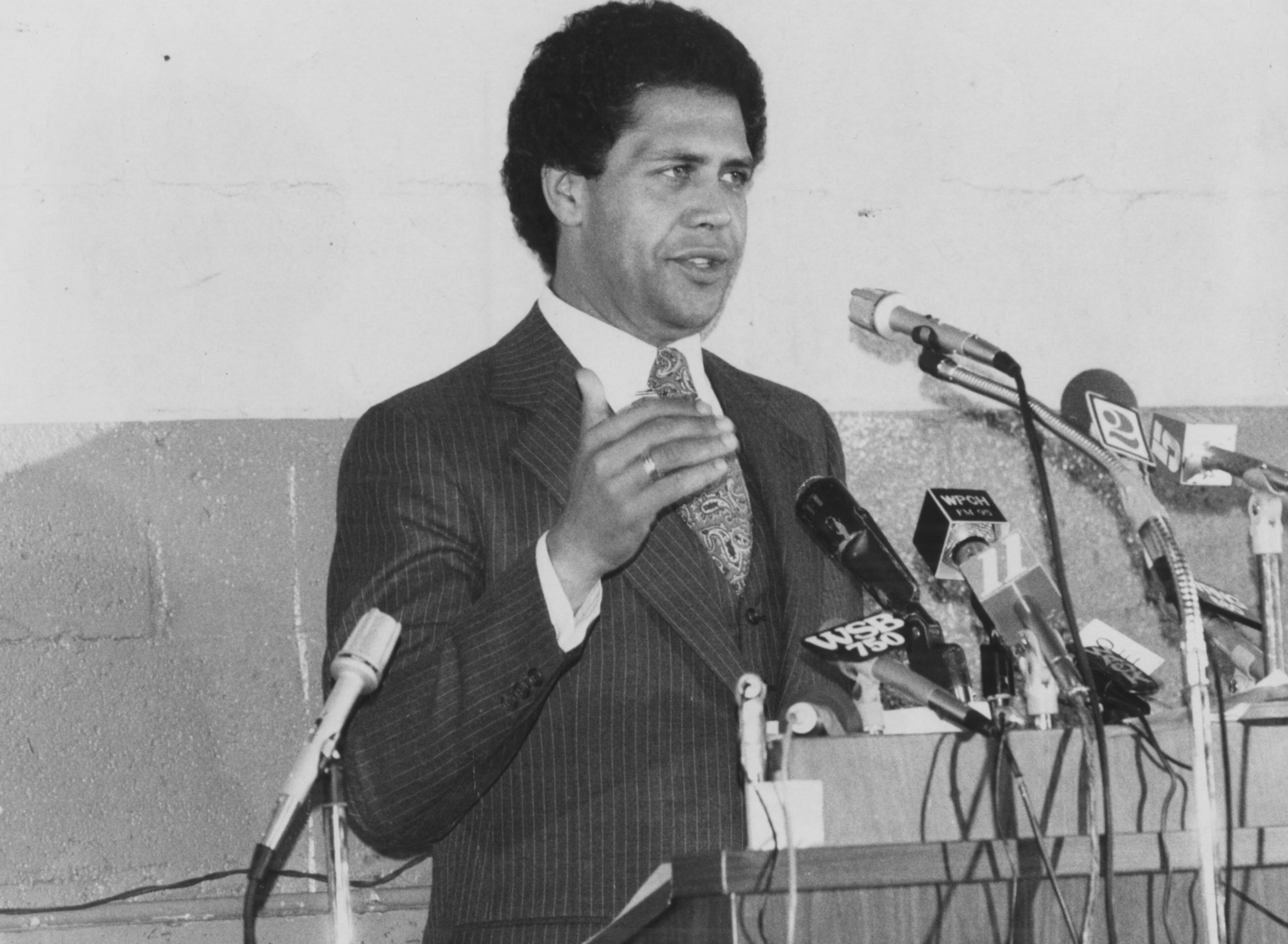 Atlanta Mayor Maynard Jackson at press conference in 1977.