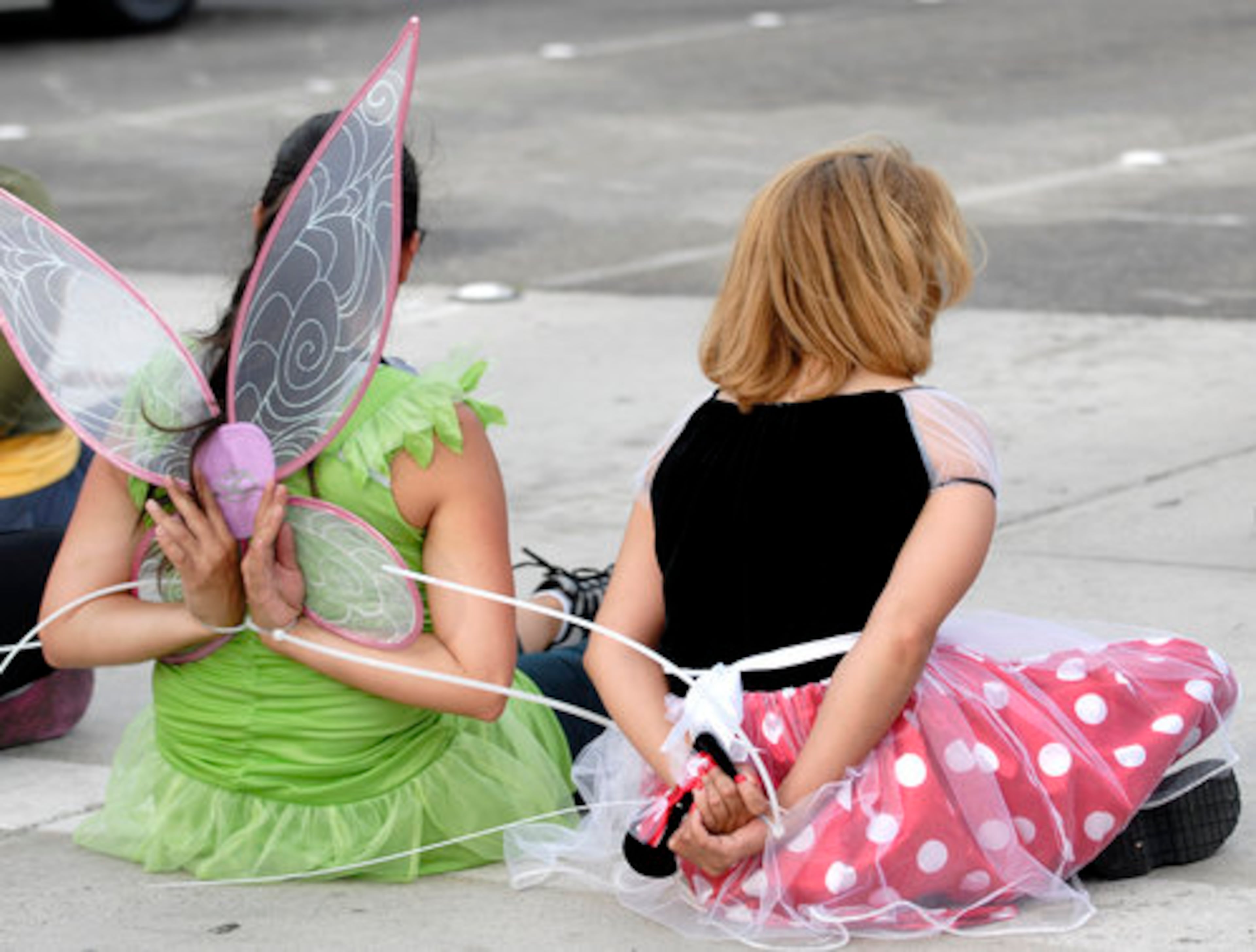 Protesters dressed as Tinker Bell and Minnie Mouse wait to be taken away. Bewildered tourists in Disney T-shirts and caps, some pushing strollers, filed past the commotion and gawked at the costumed picketers getting hauled away. The protest shut down a major thoroughfare outside Disneyland and California Adventure for nearly an hour.