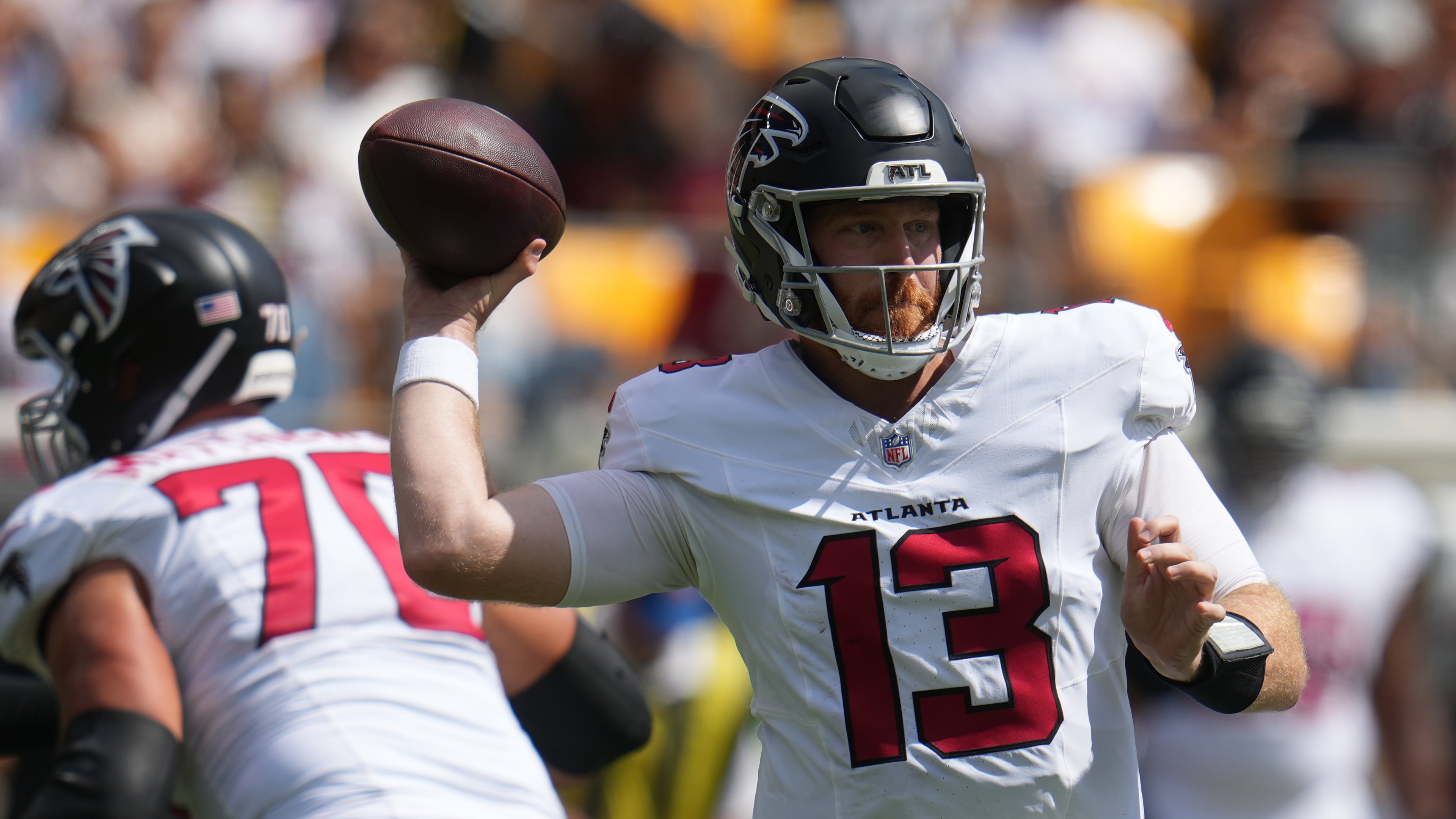 Atlanta Falcons quarterback Cooper Rush (13) looks to pass the ball during an NFL football game against the against the Pittsburgh Steelers, Sunday, Sept. 13, 2026, in Pittsburgh. (Gene J. Puskar/AP)