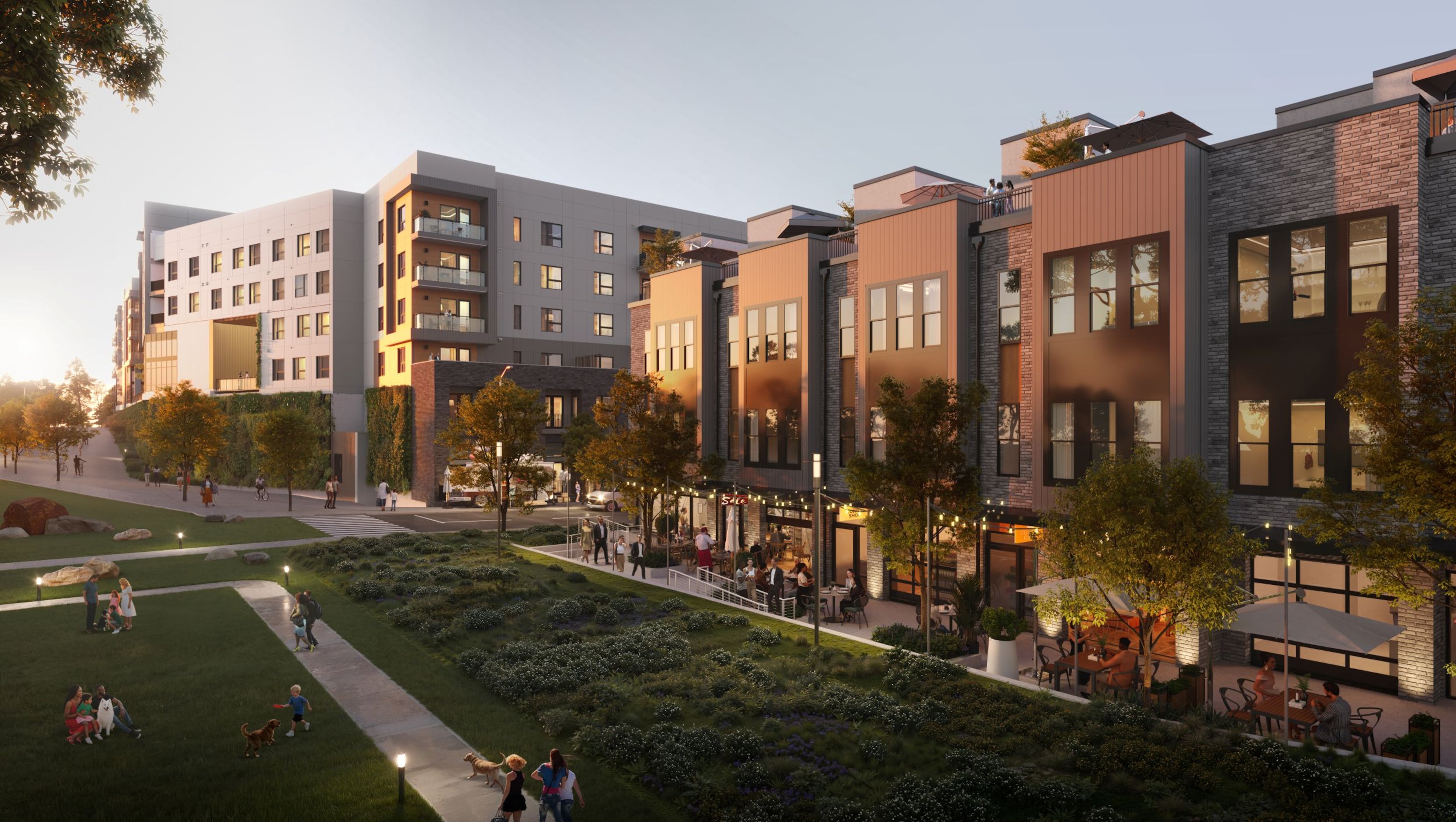 Green spaces abound in this rendering of the Bowery mixed-use project in Atlanta's Old Fourth Ward neighborhood. (Courtesy of Northwood Ravin)