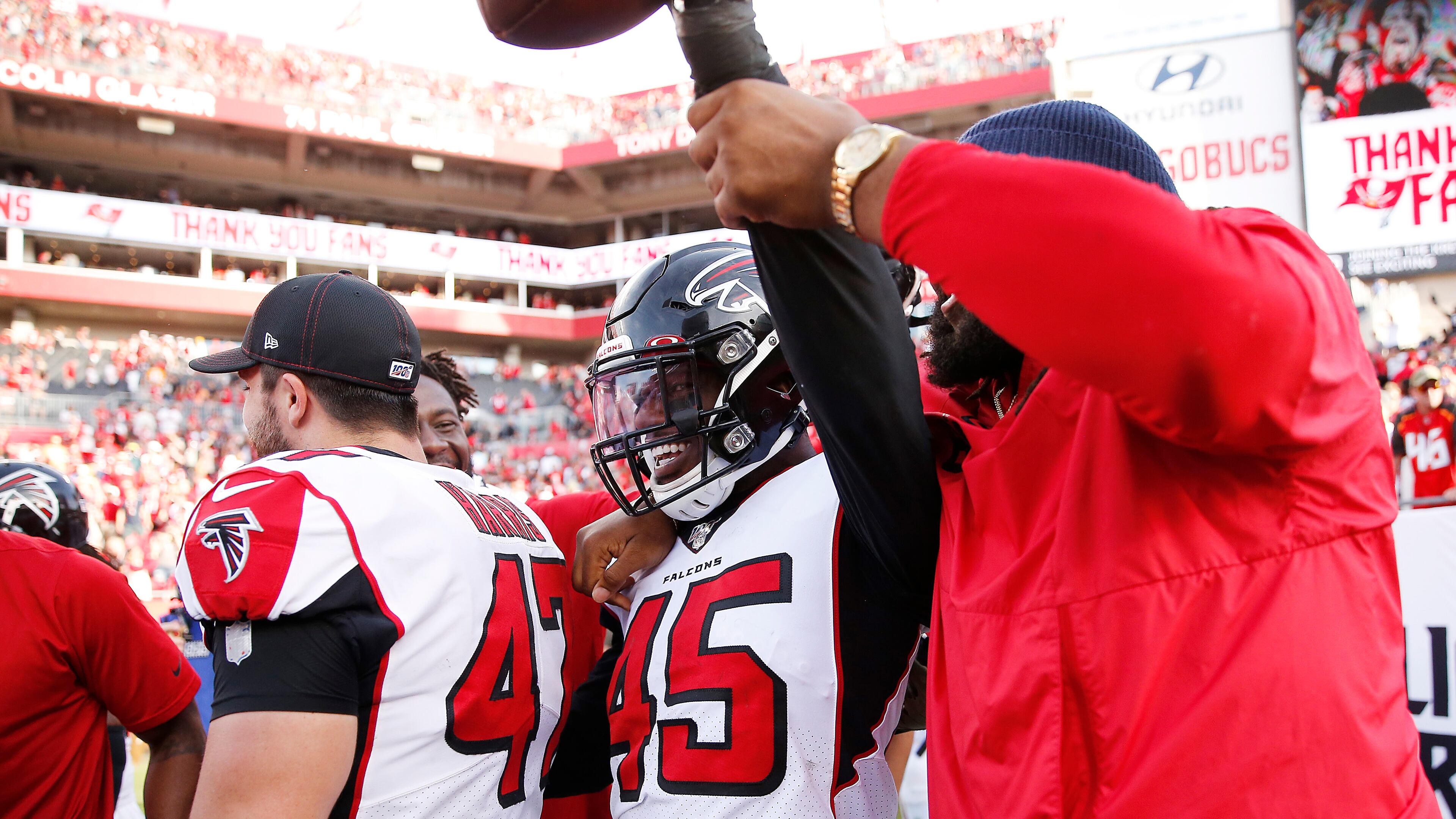 Falcons linebacker Deion Jones (45) celebrates after intercepting Jameis Winston and returning it for a touchdown to defeat the Tampa Bay Buccaneers 28-22 in overtime Sunday, Dec. 29, 2019, at Raymond James Stadium in Tampa.