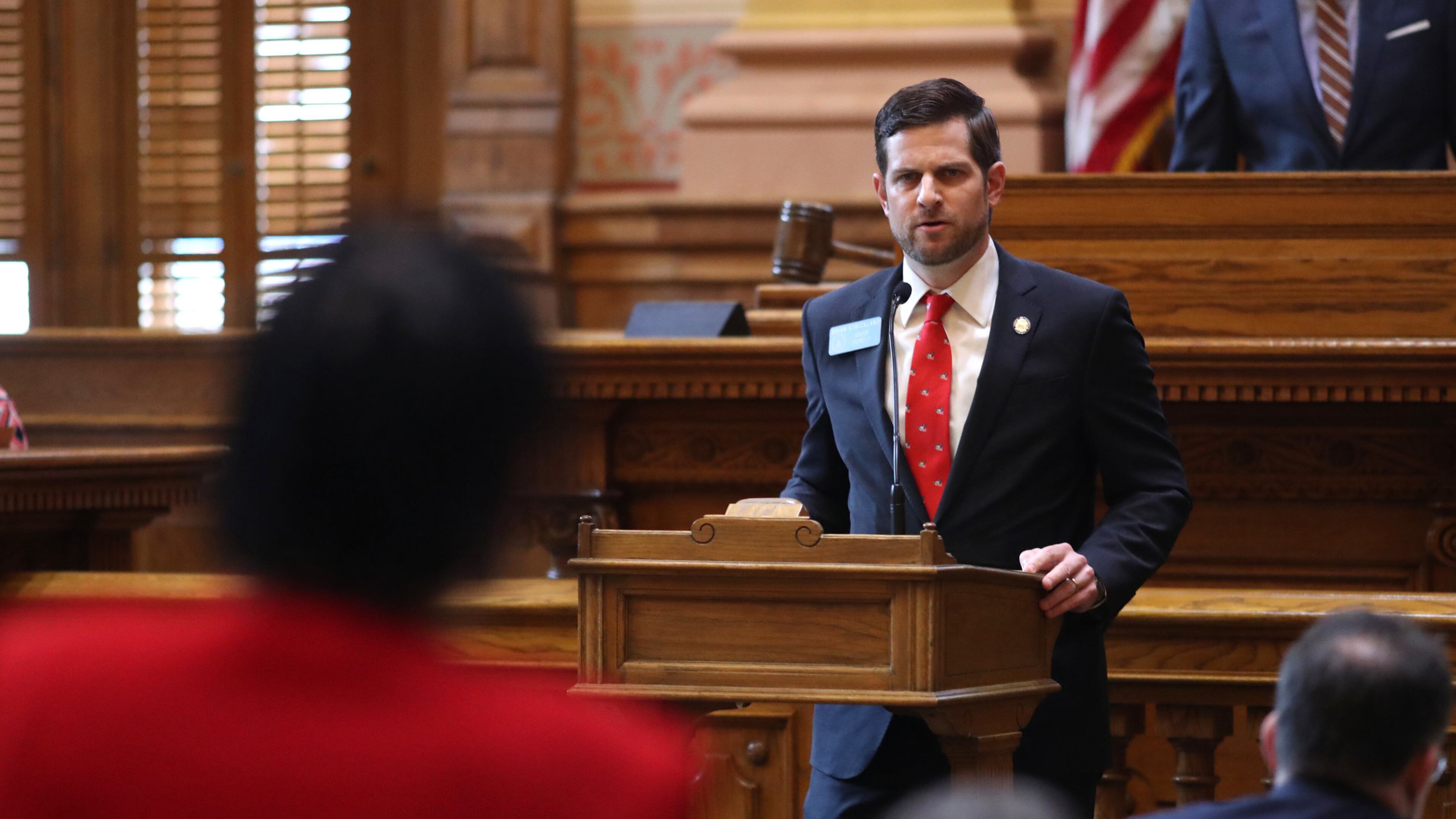 February 26, 2018 - Atlanta, Ga: Sen. Brian Strickland, R - McDonough, answers a question from a fellow senator as he discusses Senate Bill 407 in the Senate Chambers during Legislative day 27 at the Georgia State Capitol Monday, February 26, 2018, in Atlanta. The Georgia Senate approved two measures backed by Gov. Nathan Deal aimed at making changes to the state’s criminal justice system, including giving local law enforcement the ability to choose to issue a citation for low-level crimes. PHOTO / JASON GETZ