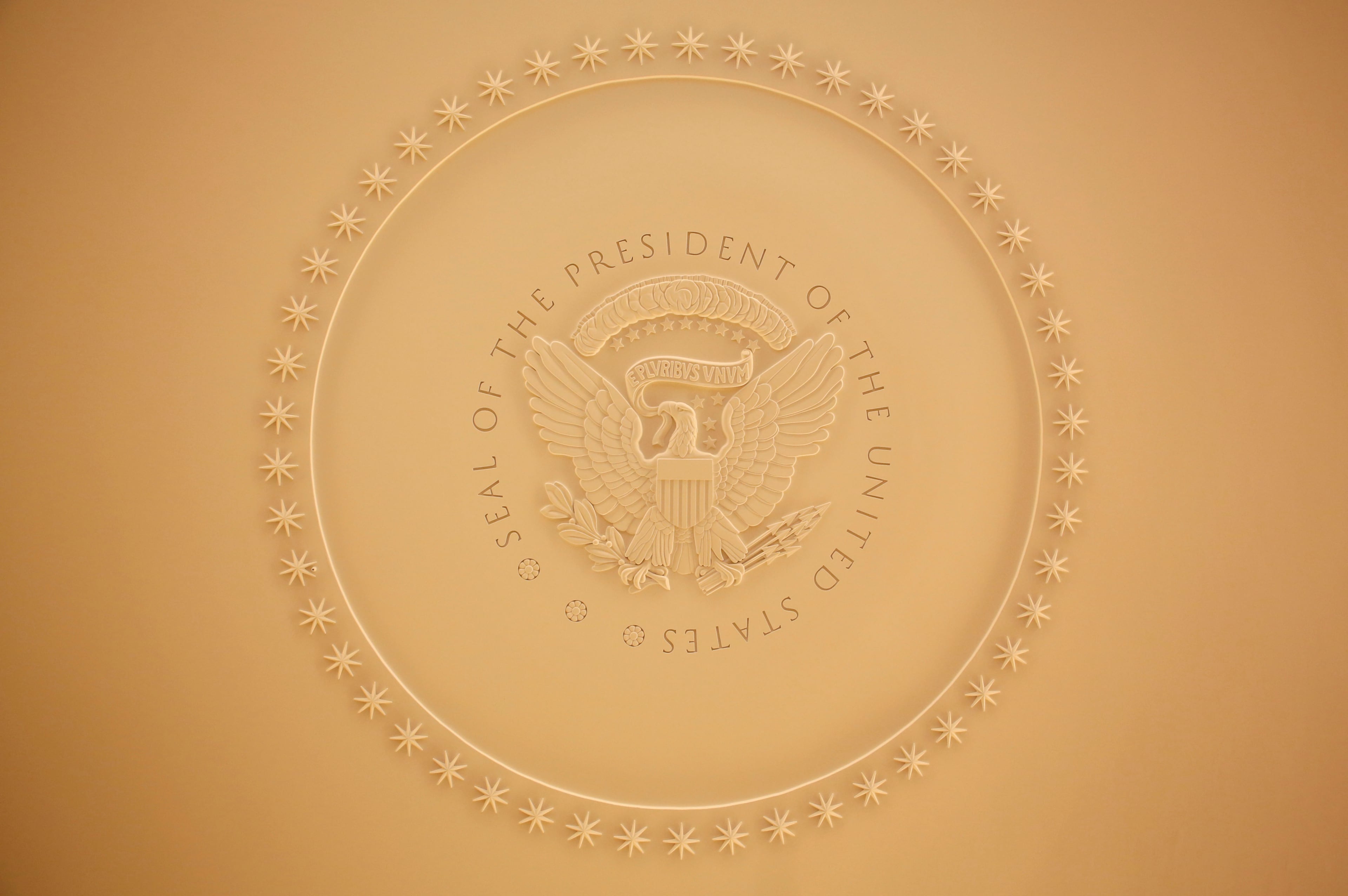 The presidential seal is shown on the ceiling of a replica Oval Office in the George W. Bush Presidential Library and Museum in University Park, Texas. (G.J. McCarthy/Dallas Morning News/MCT)