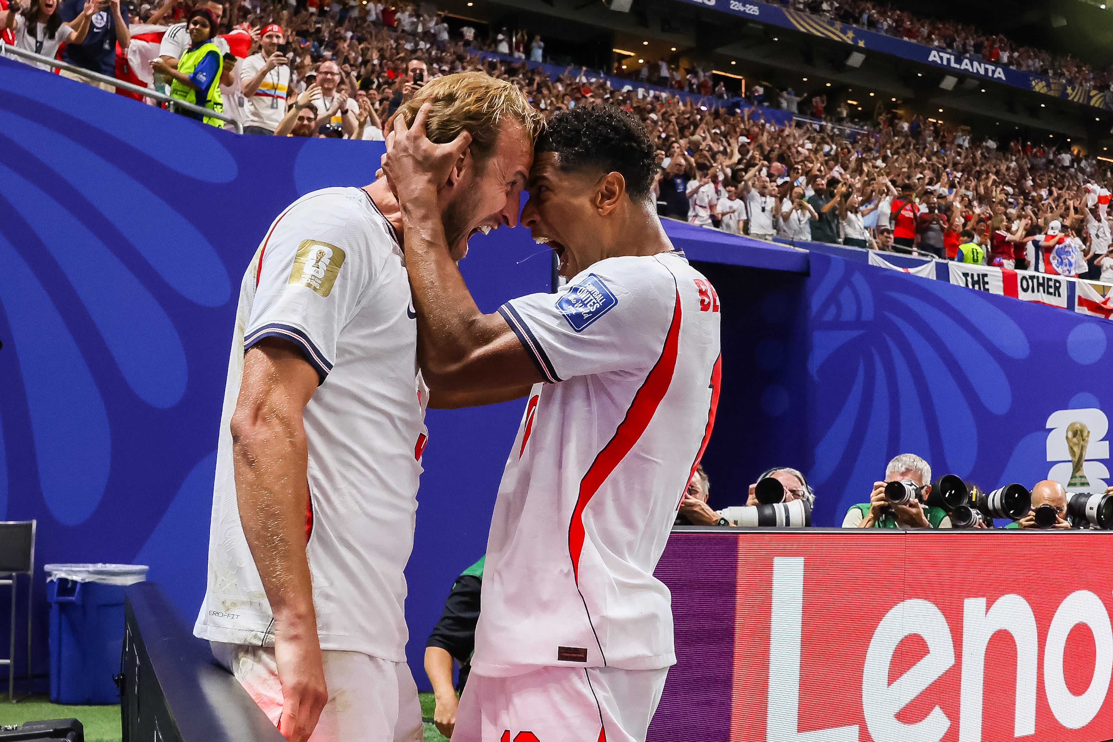 England forward Harry Kane (left) celebrates with midfielder Jude Bellingham (right) after Kane's second goal against Congo during the second half of a FIFA World Cup round of 32 match at Atlanta Stadium (Mercedes-Benz Stadium) on Wednesday, July 1, 2026, in Atlanta. (Jason Getz/AJC)