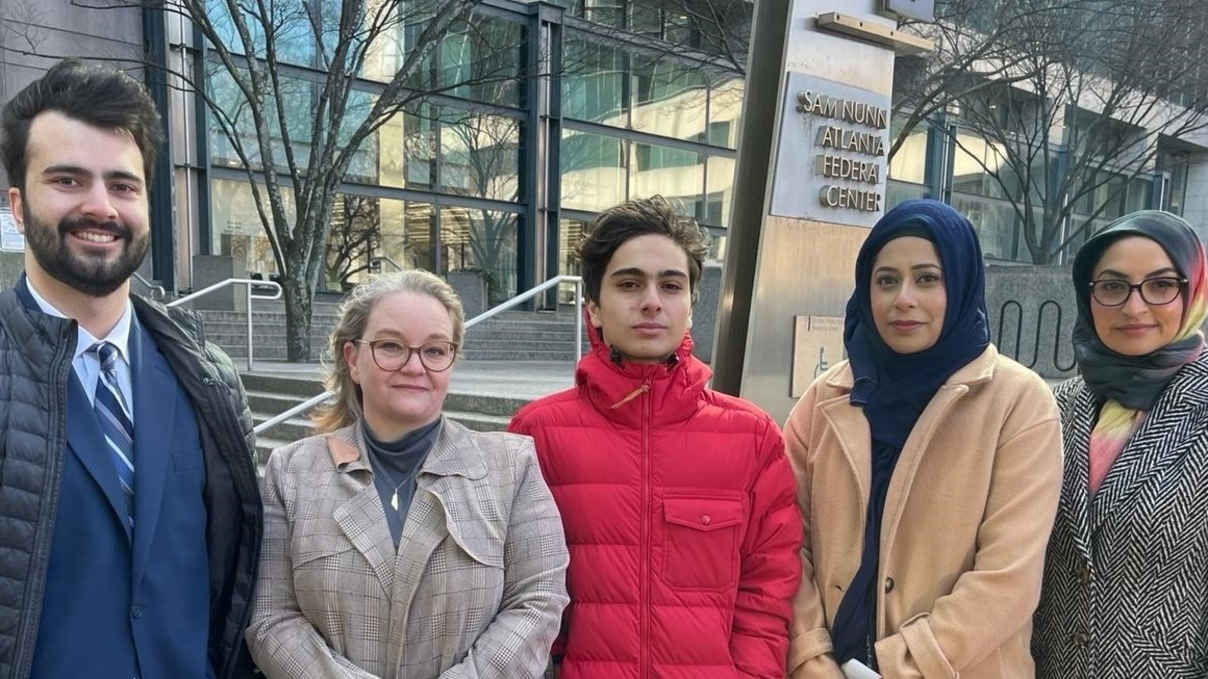 The Georgia chapter of the Council on American-Islamic Relations (CAIR-Georgia) held a press conference Tuesday, Feb. 13, 2024, in Atlanta to demand that a Lafayette High School teacher issue a formal apology to a Palestinian American student for allegedly calling the student a “terrorist." Pictured (from left) CAIR-Georgia Staff Attorney Keon Grant, student's mother Sara Hall, student James Darraj, CAIR-Georgia Communications Manager Nazia Khanzada; and CAIR-Georgia Executive Director Azka Mahmood.