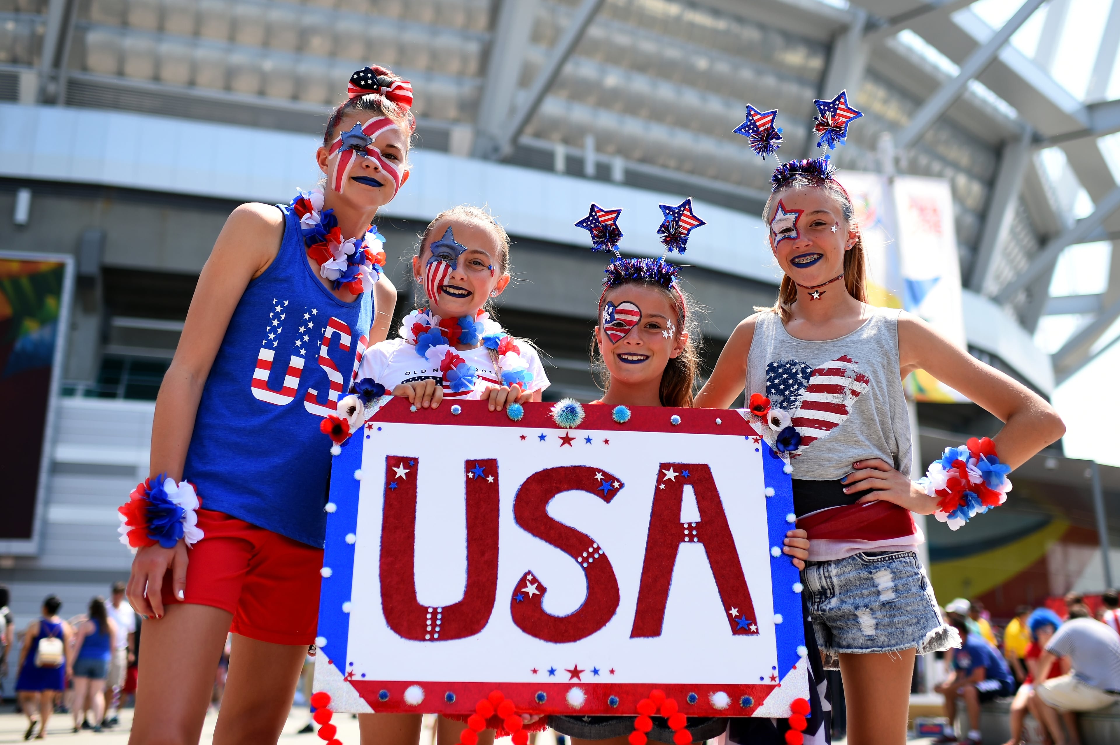 VANCOUVER, BC - JULY 05: Fans of the United States pose outside BC Place Stadium before the USA takes on Japan in the FIFA Women's World Cup Canada 2015 Final on July 5, 2015 in Vancouver, Canada. (Photo by Dennis Grombkowski/Getty Images)
