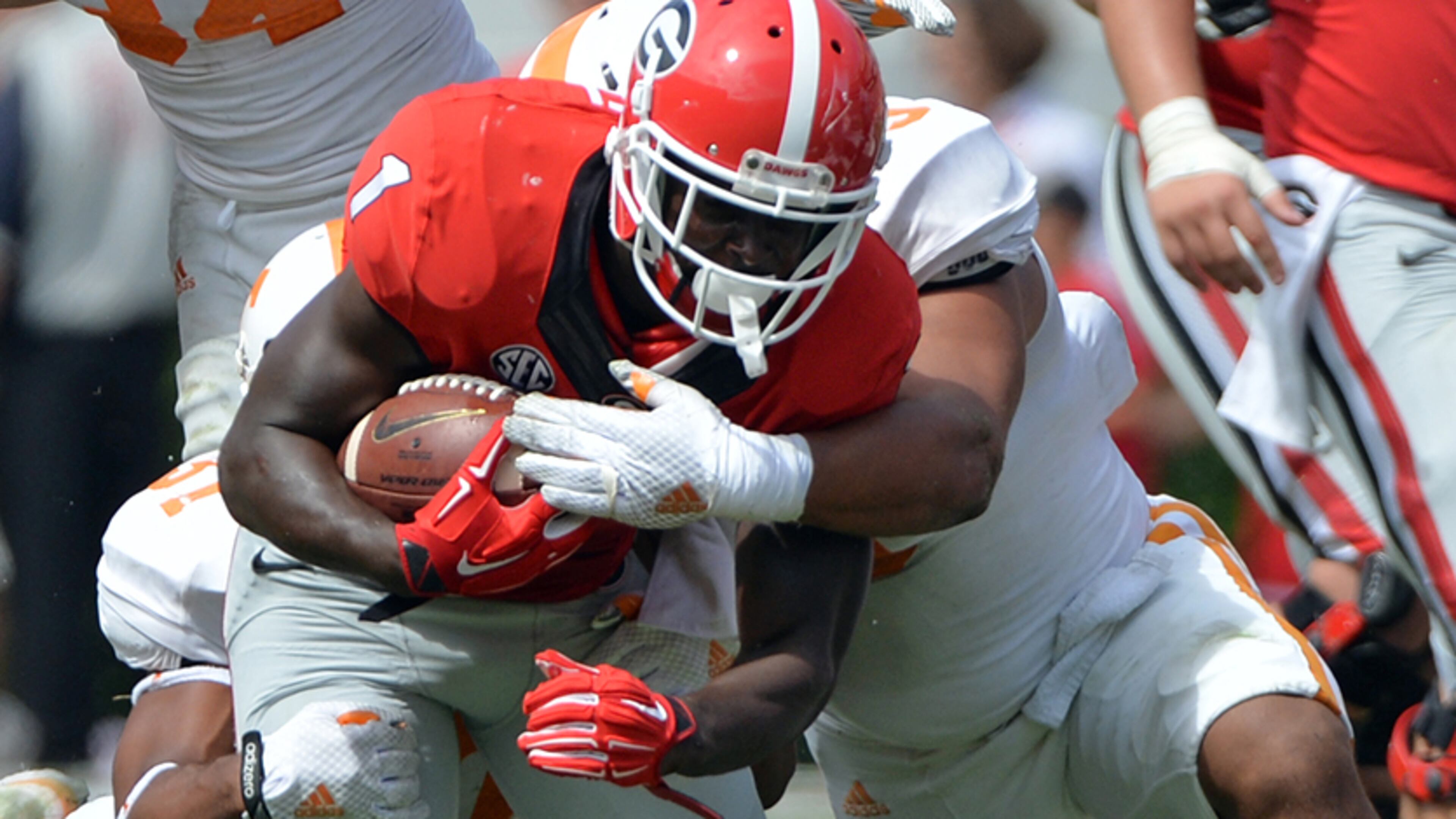 Freshman running back Sony Michel injured his left shoulder late in the first half of Saturday’s victory over Tennessee.