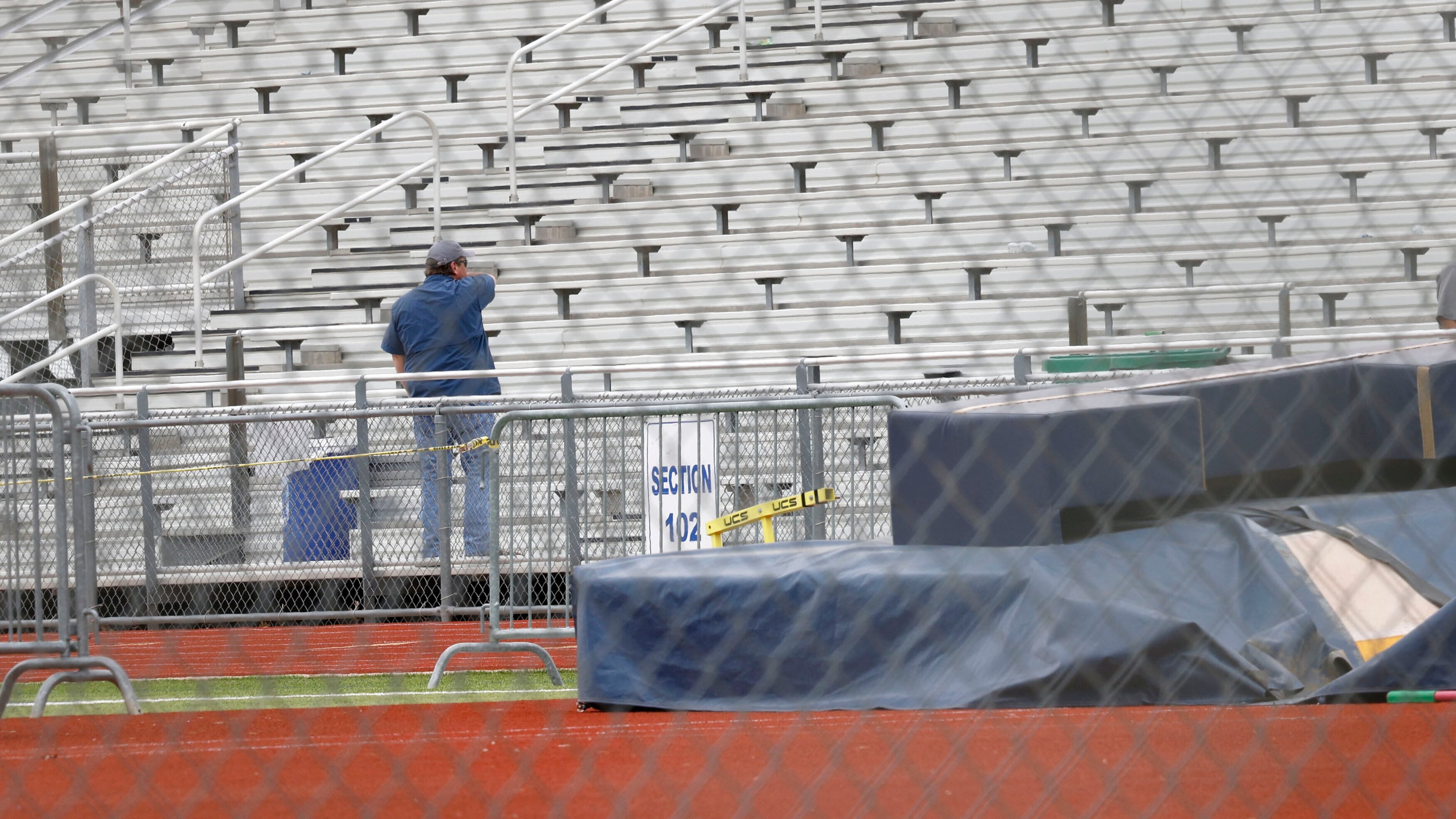 FILE - David Kuykendall Stadium's stands are seen on April 2, 2025, in Frisco, Texas, after the District 11-5A track meet that was being held there was postponed after a Frisco Memorial athlete was stabbed and killed. (Chitose Suzuki/The Dallas Morning News via AP, File)