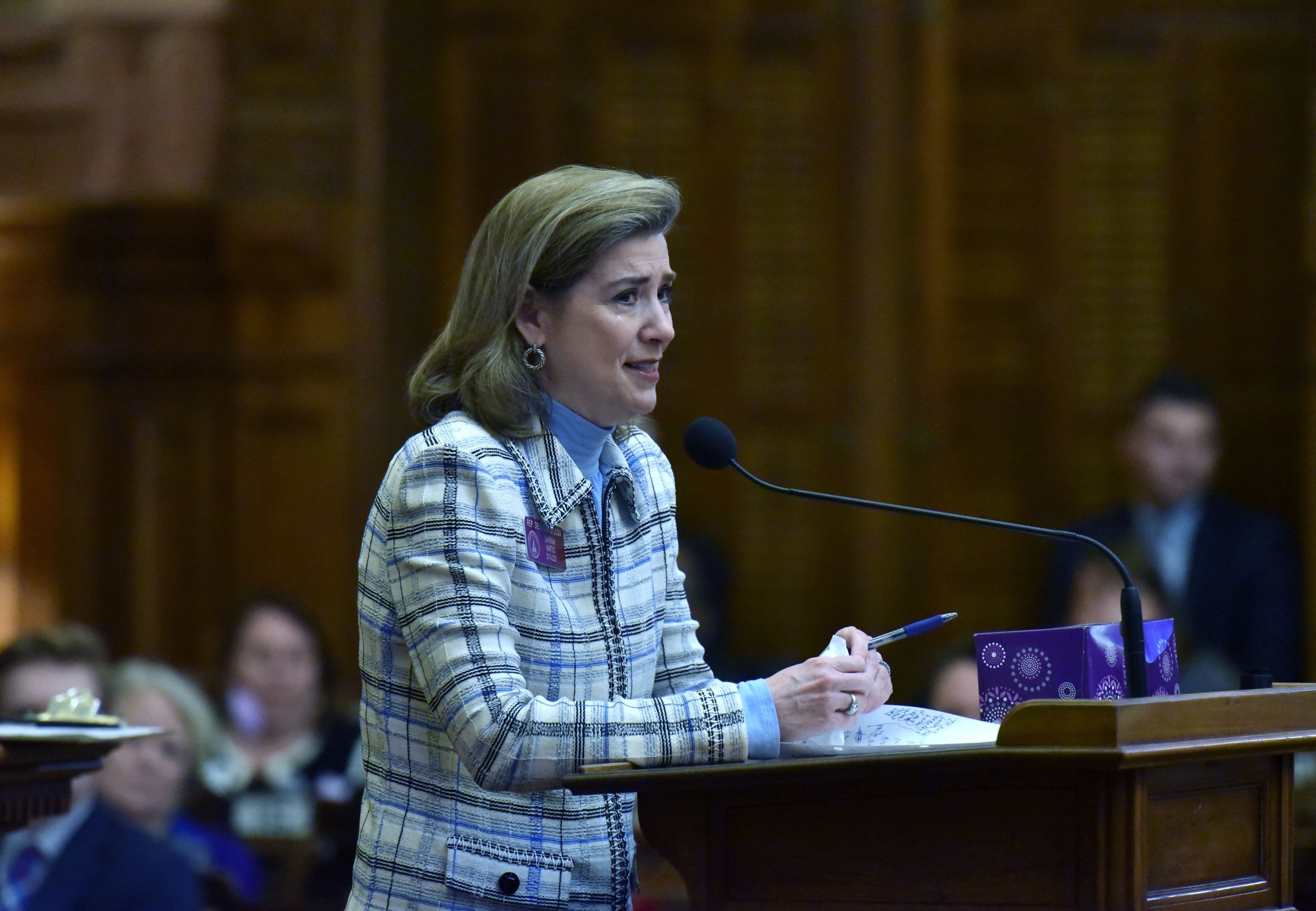March 7, 2019 Atlanta - Rep. Deborah Silcox gets emotional as she speaks to oppose HB 481, which would outlaw abortions once a doctor can detect a heartbeat in the womb, in the House Chambers during Crossover day at the Capitol on Thursday, March 7, 2019. Hundreds of bills hang in the balance at the Georgia Capitol on Thursday, the self-imposed deadline for legislation to pass at least one chamber. Dozens of bills ranging from the hotly contested to the mundane will be debated on Crossover Day, which occurs on the 28th business day of each yearâs 40-day legislative session. HYOSUB SHIN / HSHIN@AJC.COM