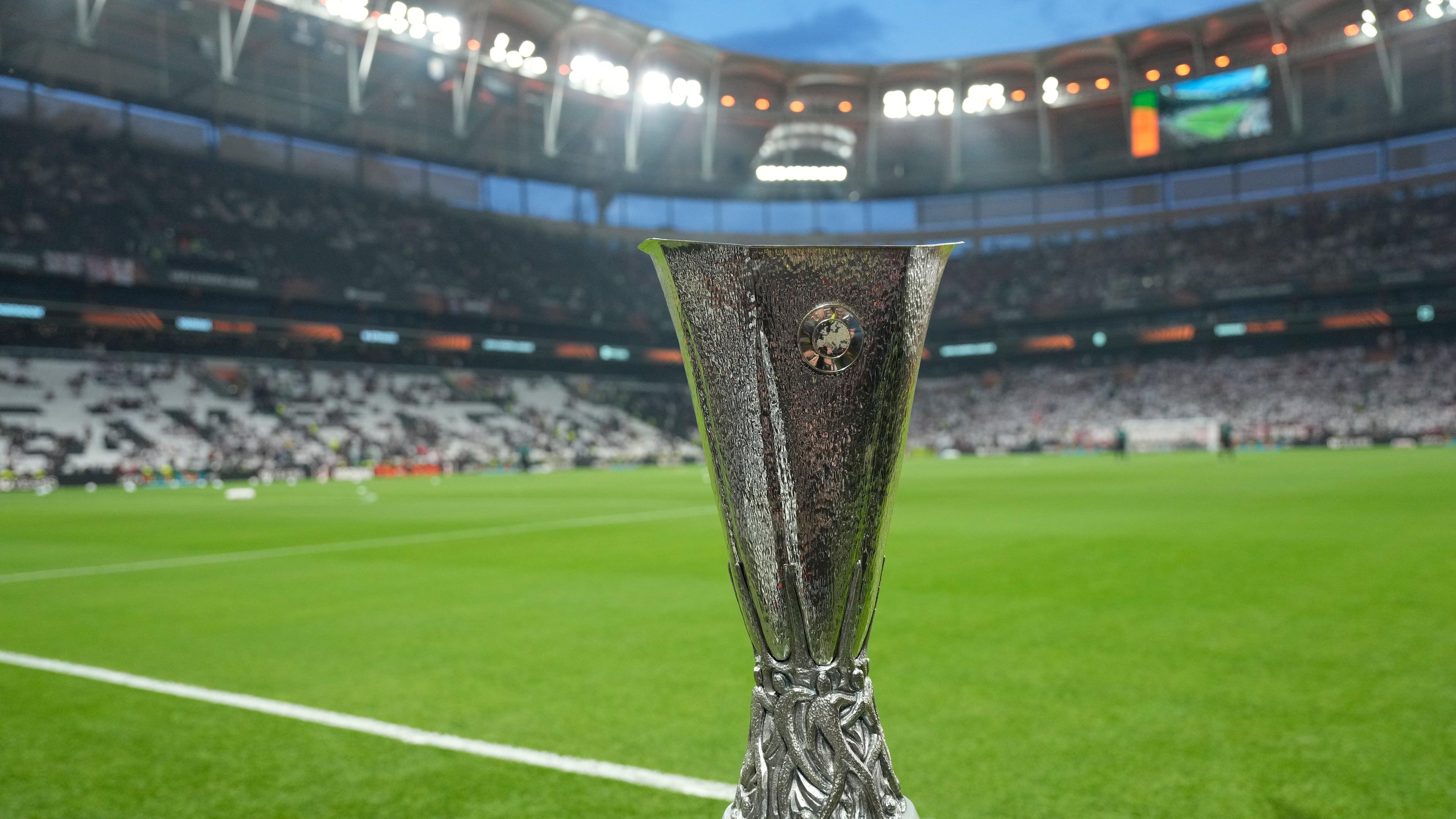FILE - The trophy is displayed before before the Europa League final soccer match between Freiburg and Aston Villa in Istanbul, Turkey, Wednesday, May 20, 2026. (AP Photo/Emrah Gurel, File)