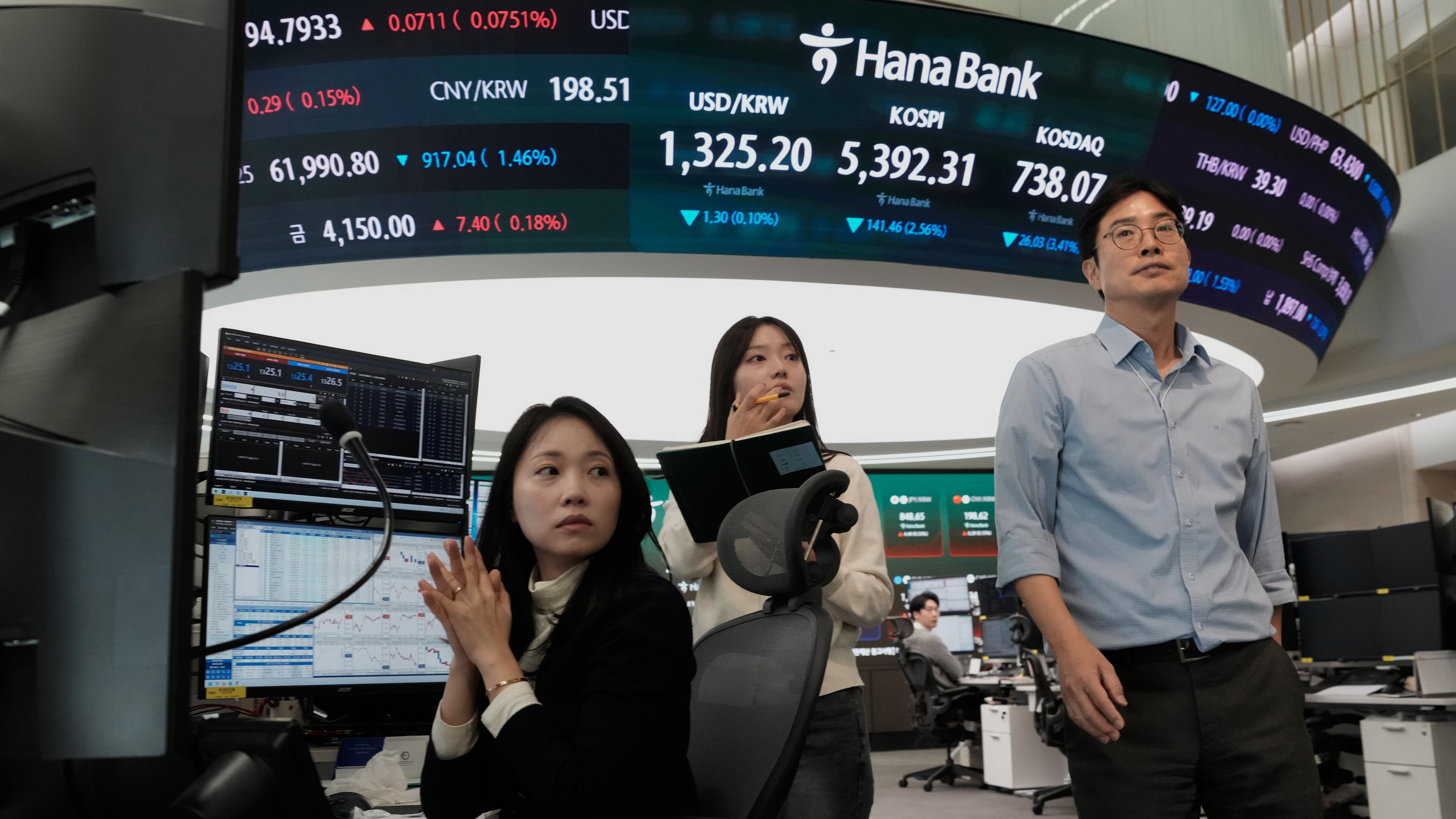 Currency traders work at the foreign exchange dealing room of the Hana Bank headquarters in Seoul, South Korea, Friday, Oct. 23, 2026. (AP Photo/Ahn Young-joon)