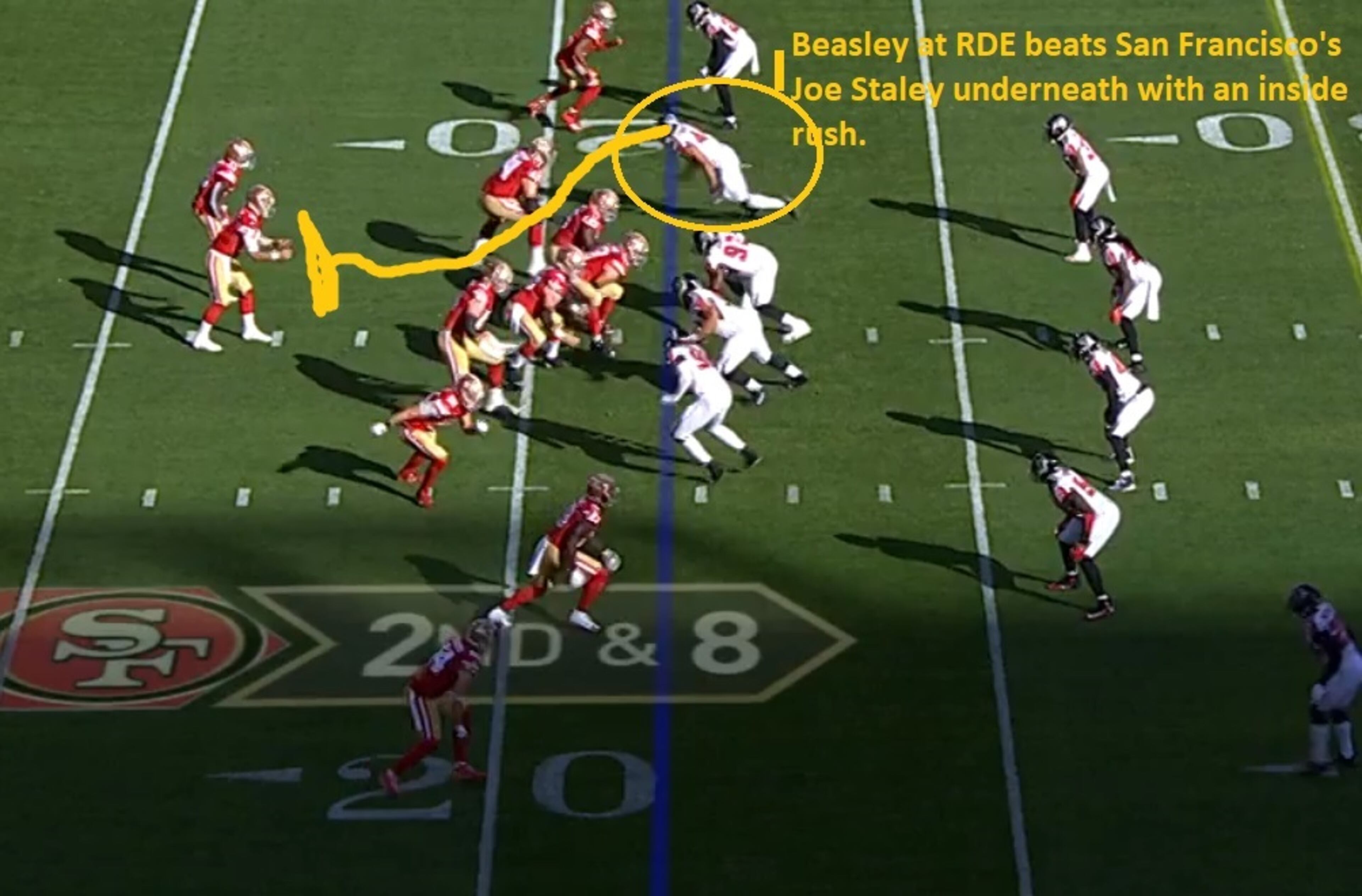 Vic Beasley, right defensive end, rushing against San Francisco's Joe Staley. Beasley caught the Pro Bowler off guard with an inside move to get a sack on Dec. 15, 2019. (Fox Sports screen grab from Gamepass.NFL.Com)