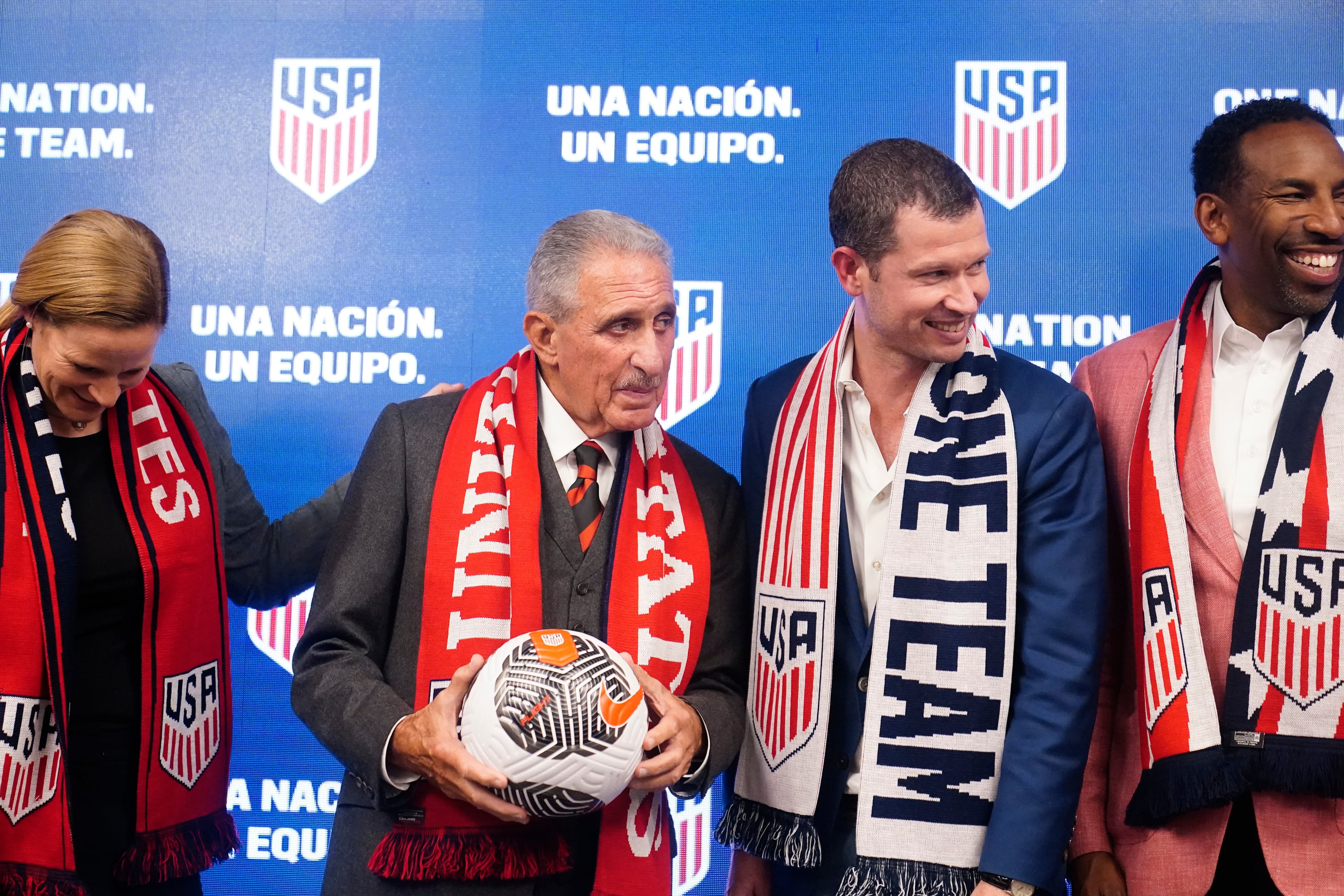 U.S. Soccer President Cindy Parlow Cone (left), Atlanta business icon and philanthropist Arthur Blank (second from left), JT Batson, U.S. Soccer CEO (second from right), and Georgia Mayor Andre Dickens (right) pose for a portrait after a news conference, Saturday, Sept. 16, 2023, in Atlanta. (Brynn Anderson/AP File)