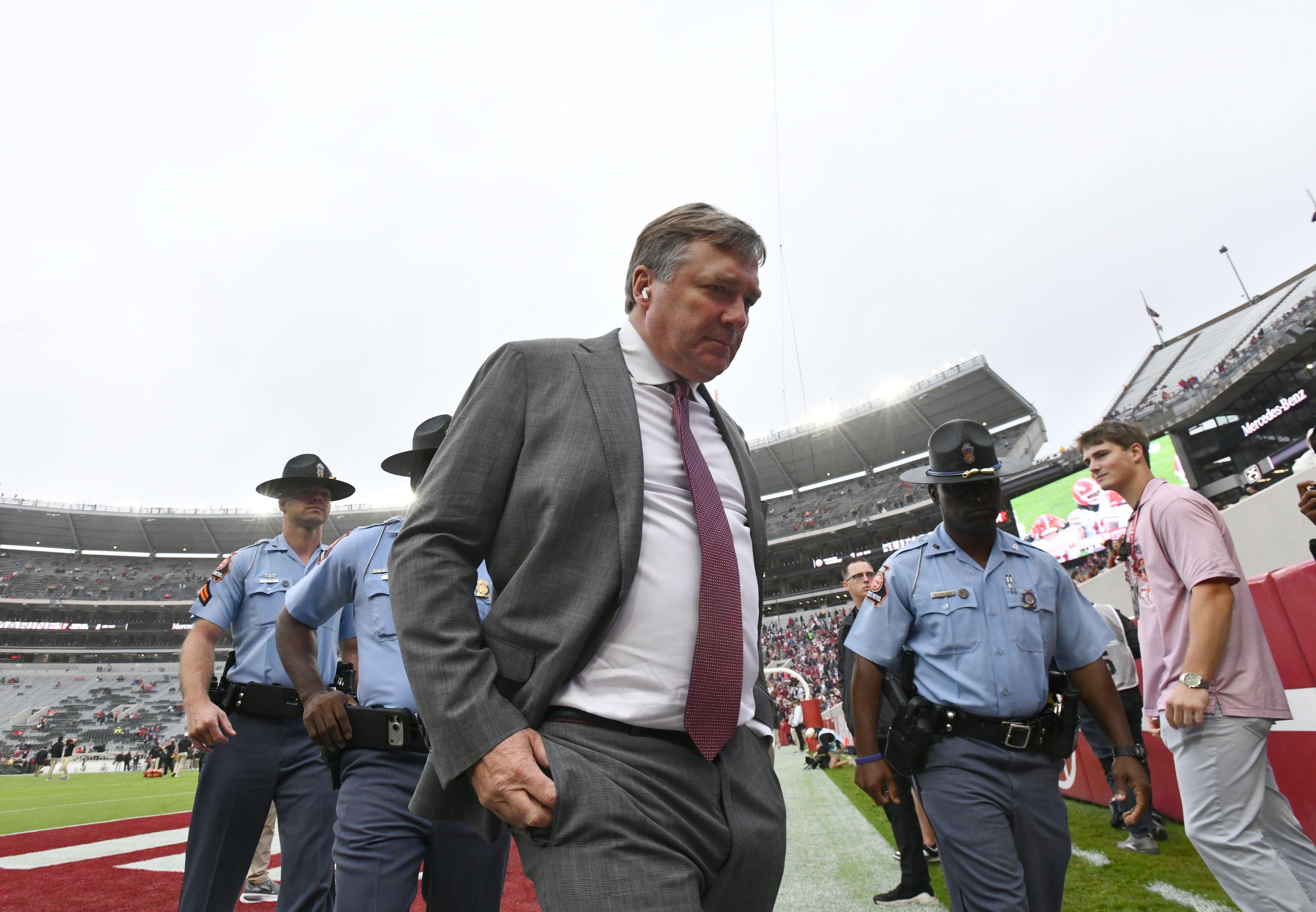 Georgia head coach Kirby Smart walks on the field after players and coaching staff arrive before an NCAA football game against Alabama at Bryant-Denny Stadium on Saturday, Oct. 10, 2026, in Tuscaloosa, Alabama. (Hyosub Shin/AJC)