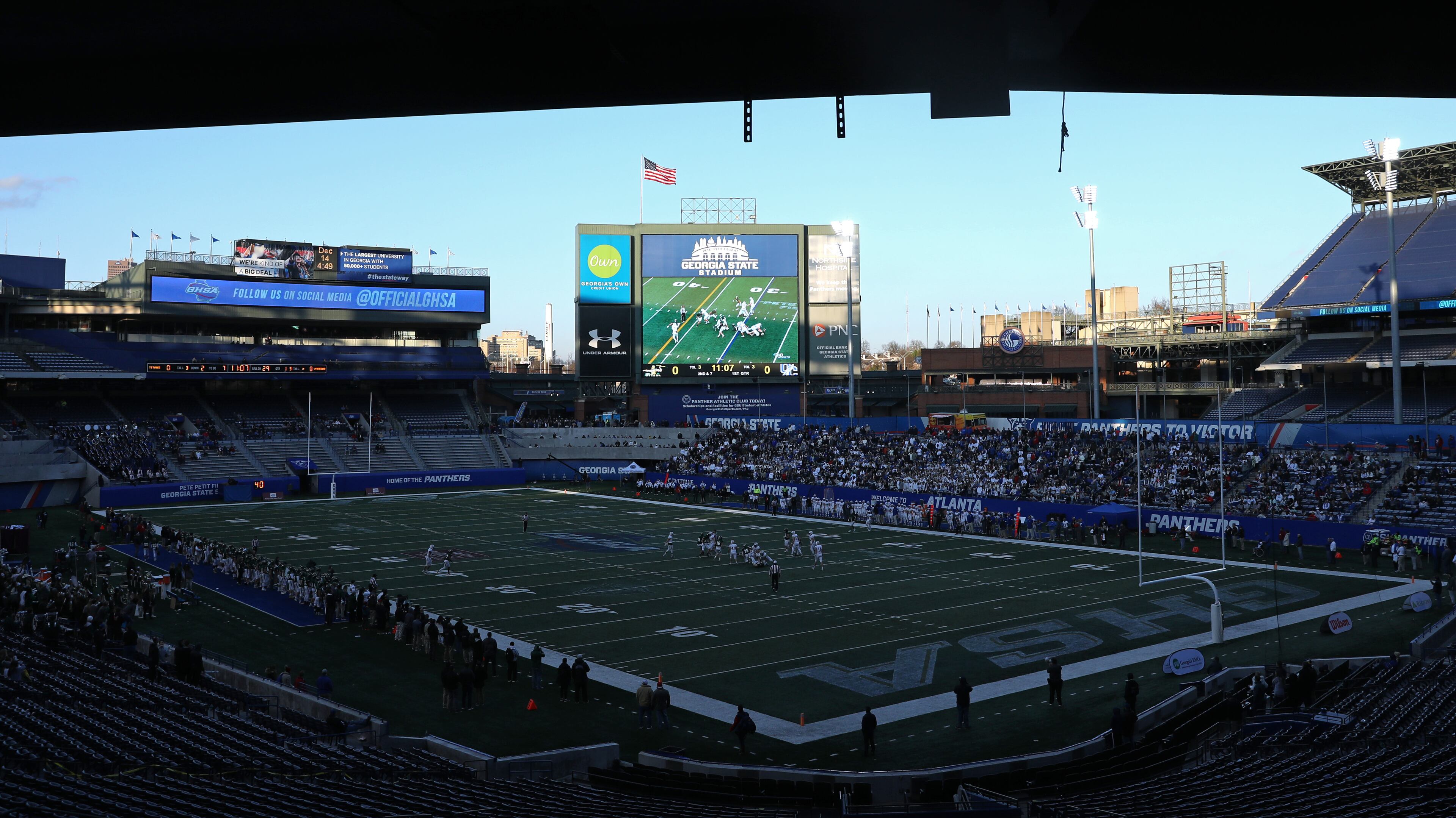 A general view of Georgia State Stadium during the Class AAAA high school football state title game between Blessed Trinity and Oconee County Saturday, December 14, 2019 in Atlanta. (JASON GETZ/SPECIAL TO THE AJC)
