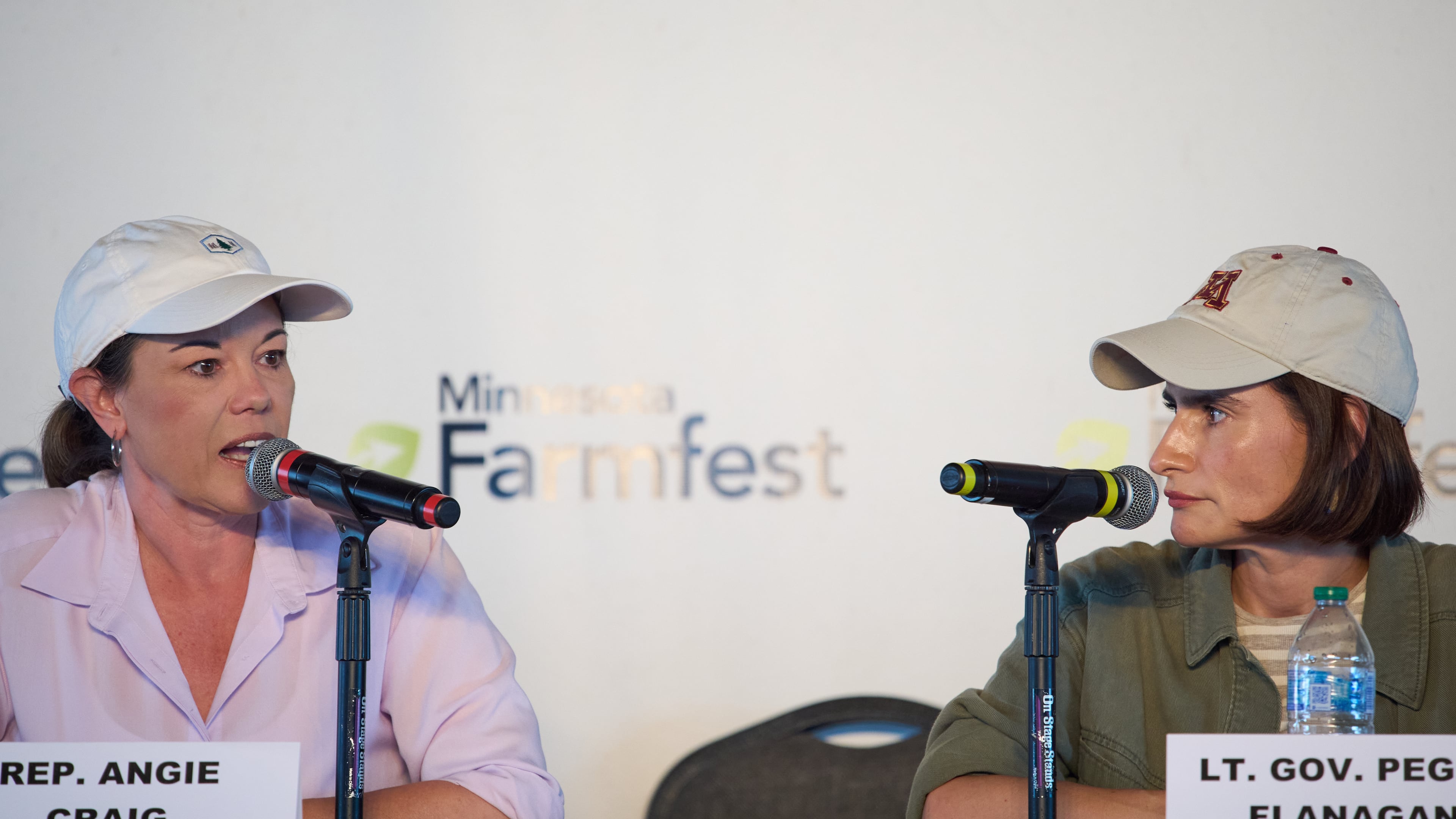 U.S. Rep. Angie Craig, D-Minn., left, and Minnesota Lt. Gov. Peggy Flanagan participate in a forum for U.S. Senate candidates at Farmfest Wednesday, Aug. 5, 2026, in Morgan, Minn. (AP Photo/Ellen Schmidt)