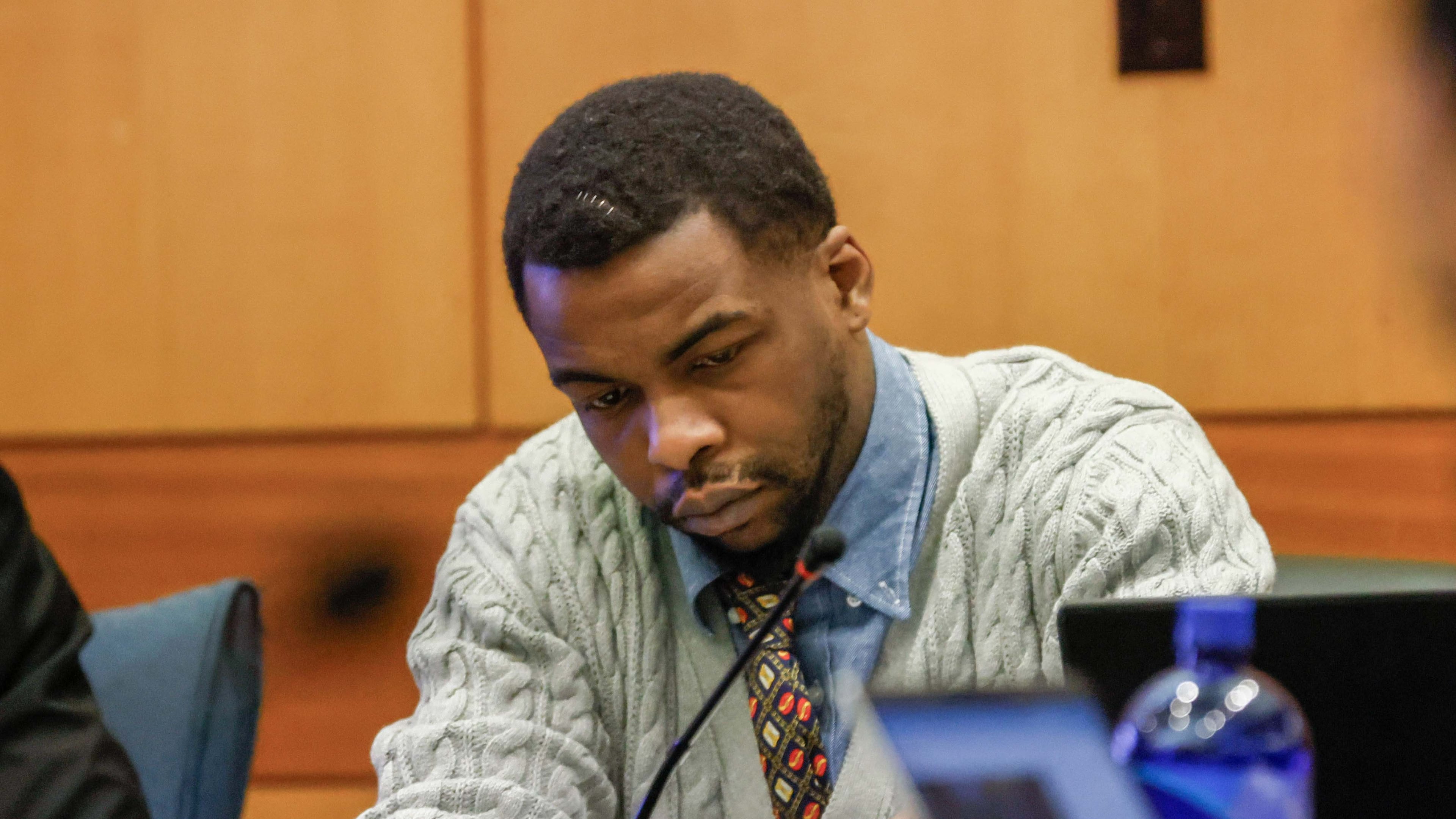 Defendant Deamonte Kendrick appears for the YSL trial at the Fulton County Courthouse with a notorious head injury after a fight in the jail on Monday, Dec. 2, 2024. (Miguel Martinez/AJC)