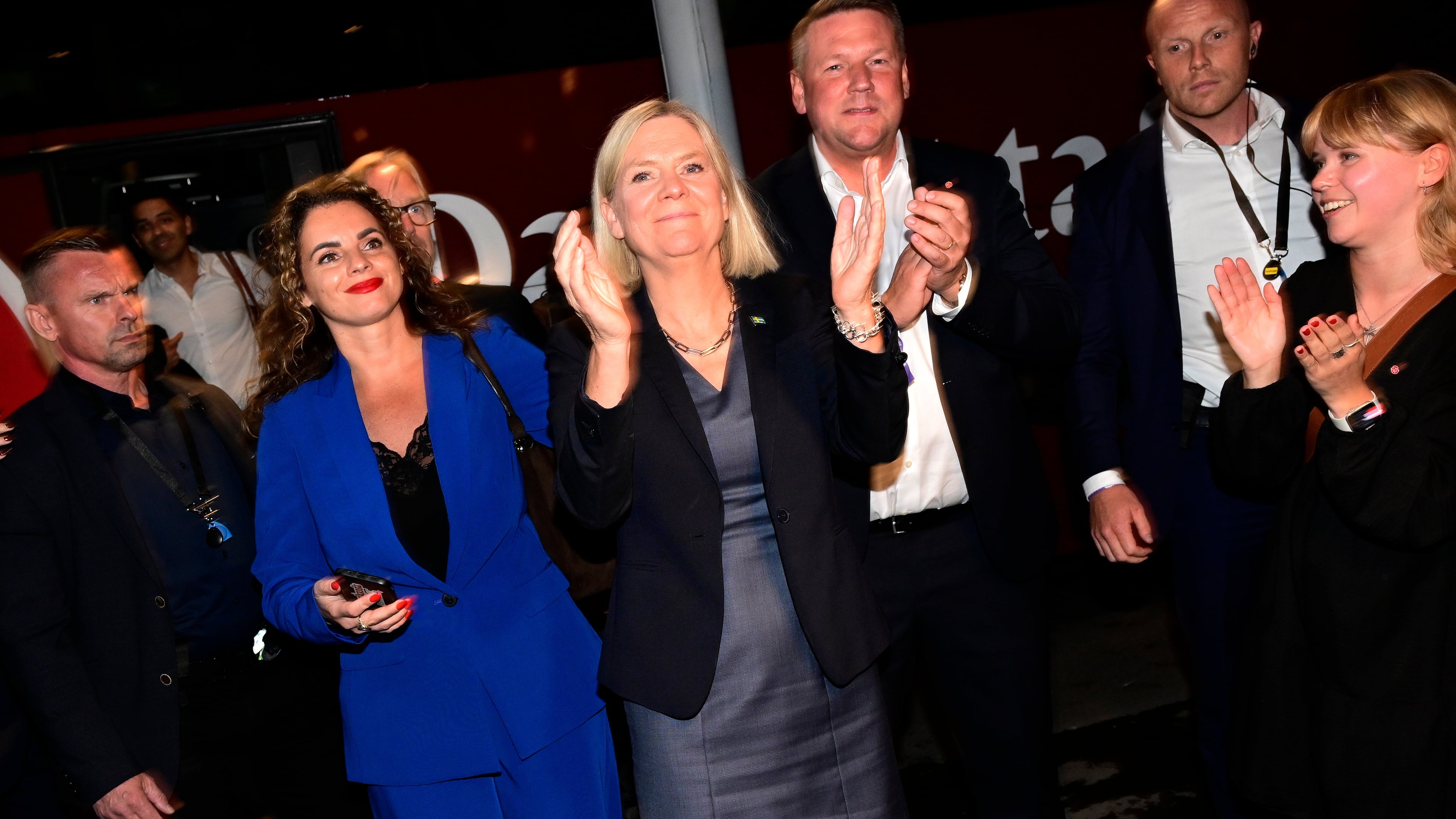 Social Democrats party leader Magdalena Andersson arrives at the party's election watch night in Stockholm, Sweden, Sunday, Sept. 13, 2026. (Jonas Ekstroemer/TT News Agency via AP)
