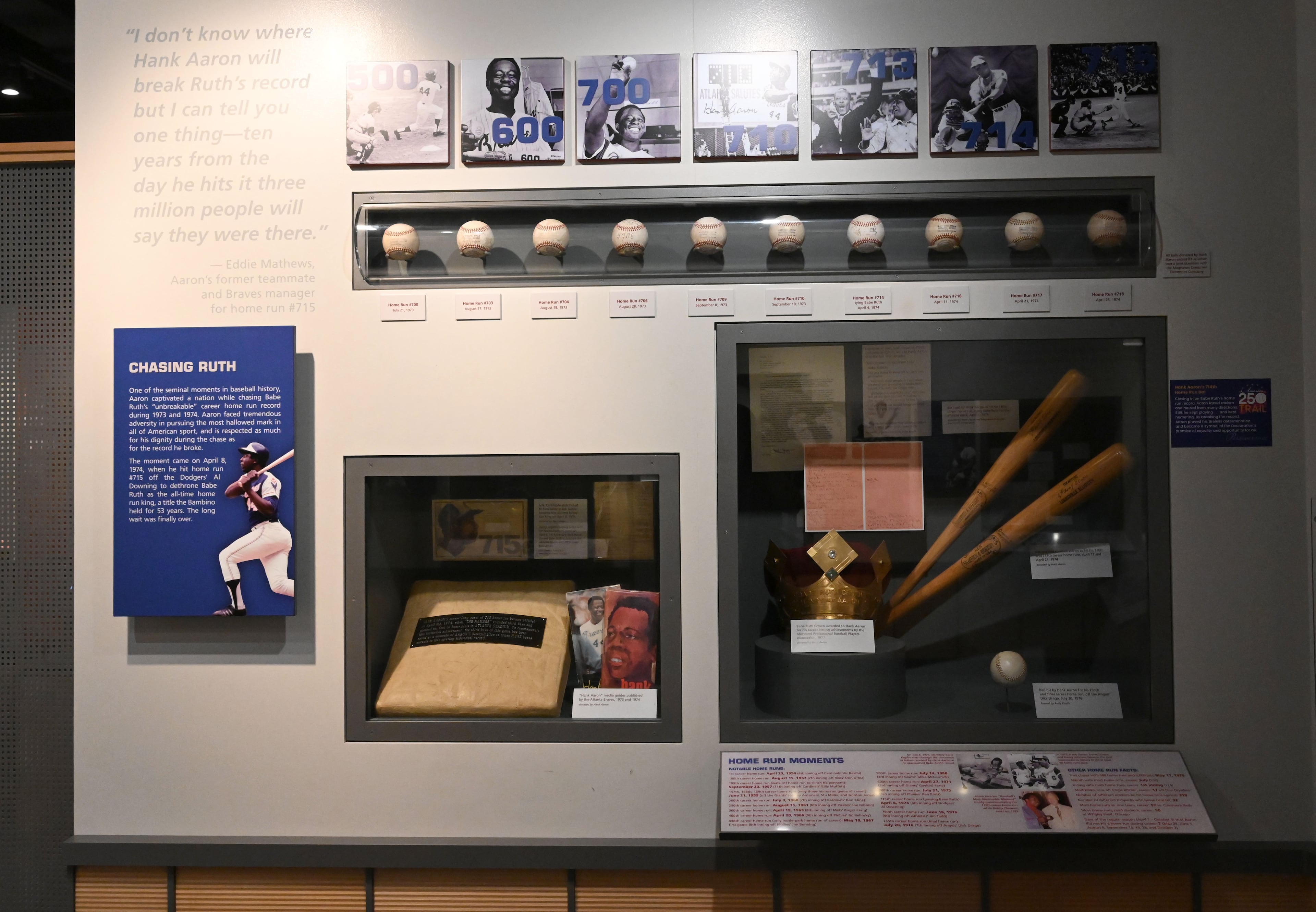 Displays in the Hank Aaron Gallery highlight Atlanta Braves legend Hank Aaron at the National Baseball Hall of Fame and Museum on Friday, July 24, 2026, in Cooperstown, N.Y. Andruw Jones will be inducted into the National Baseball Hall of Fame on Sunday as part of the Class of 2026, alongside Carlos Beltrán and Jeff Kent. He is recognized as one of the greatest center fielders in baseball history. Jones will become the 12th player with ties to the Atlanta Braves to be inducted into the Hall of Fame. (Hyosub Shin/AJC)