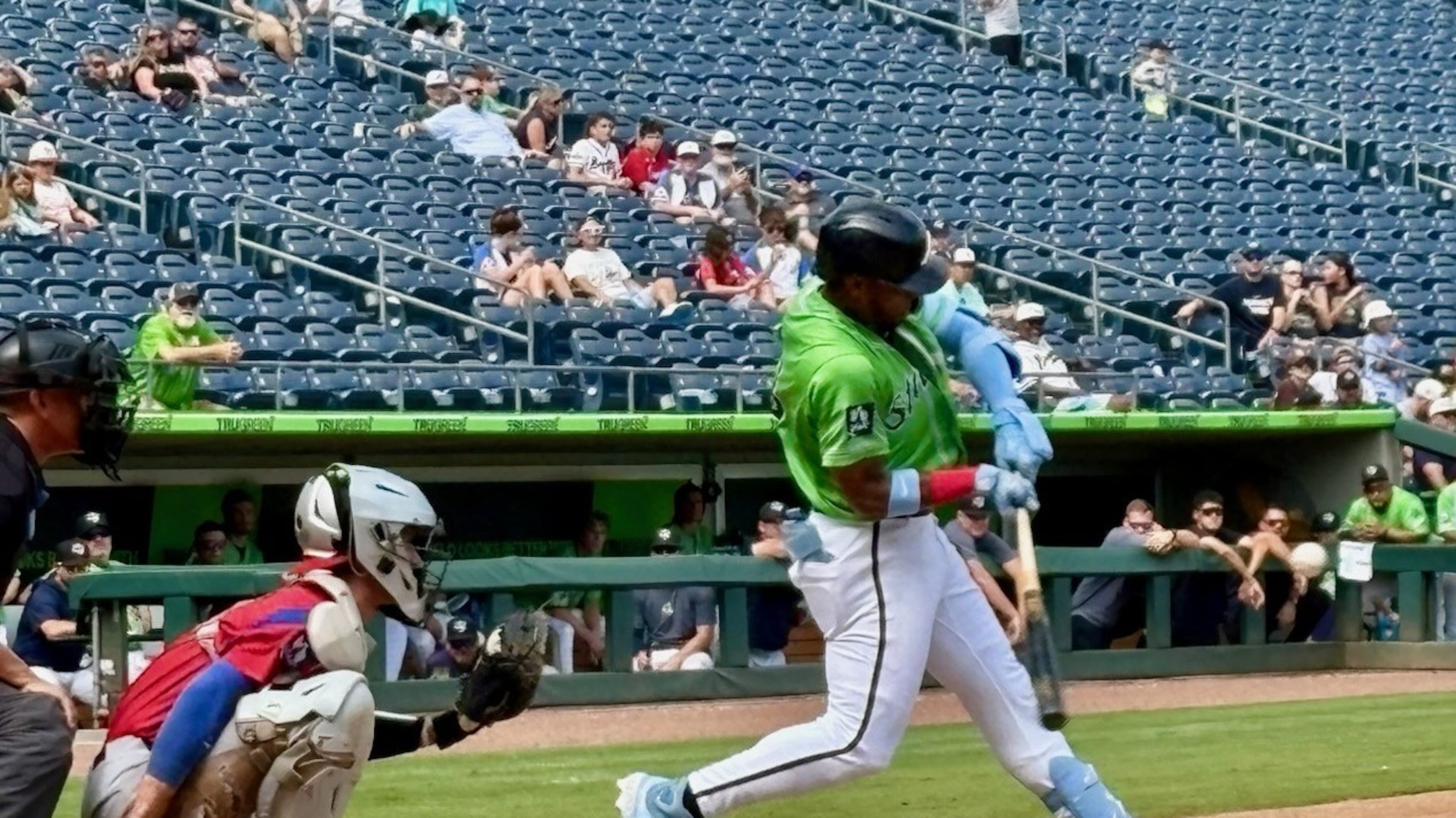 Braves right fielder Ronald Acuña Jr. takes a swing during an at-bat in a Gwinnett Stripers minor-league game at Gwinnett Field in Lawrenceville July 25, 2026. Acuña was with the Stripers on a rehab assignment for a hamstring strain. (Ken Sugiura/AJC)