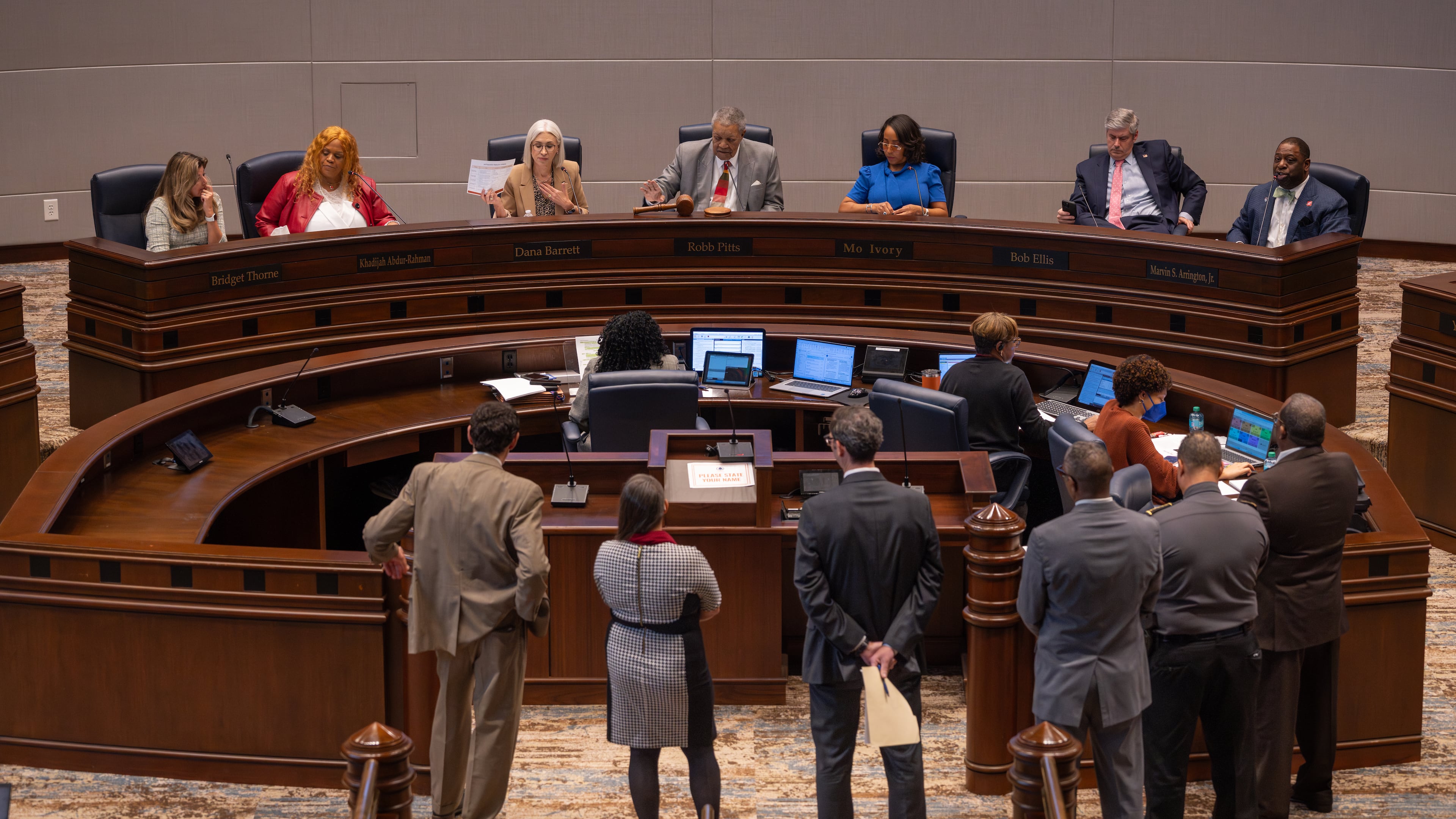 The Fulton County Board of Commissioners — pictured in March debating a proposal to lower the Fulton County Jai population — passed legislation Wednesday that changes the way the counjty's budget is drafted. Four voted in favor, with Marvin S. Arrington Jr. abstaining and Dana Barrett leaving the meeting before the vote. (Ben Hendren for the AJC)