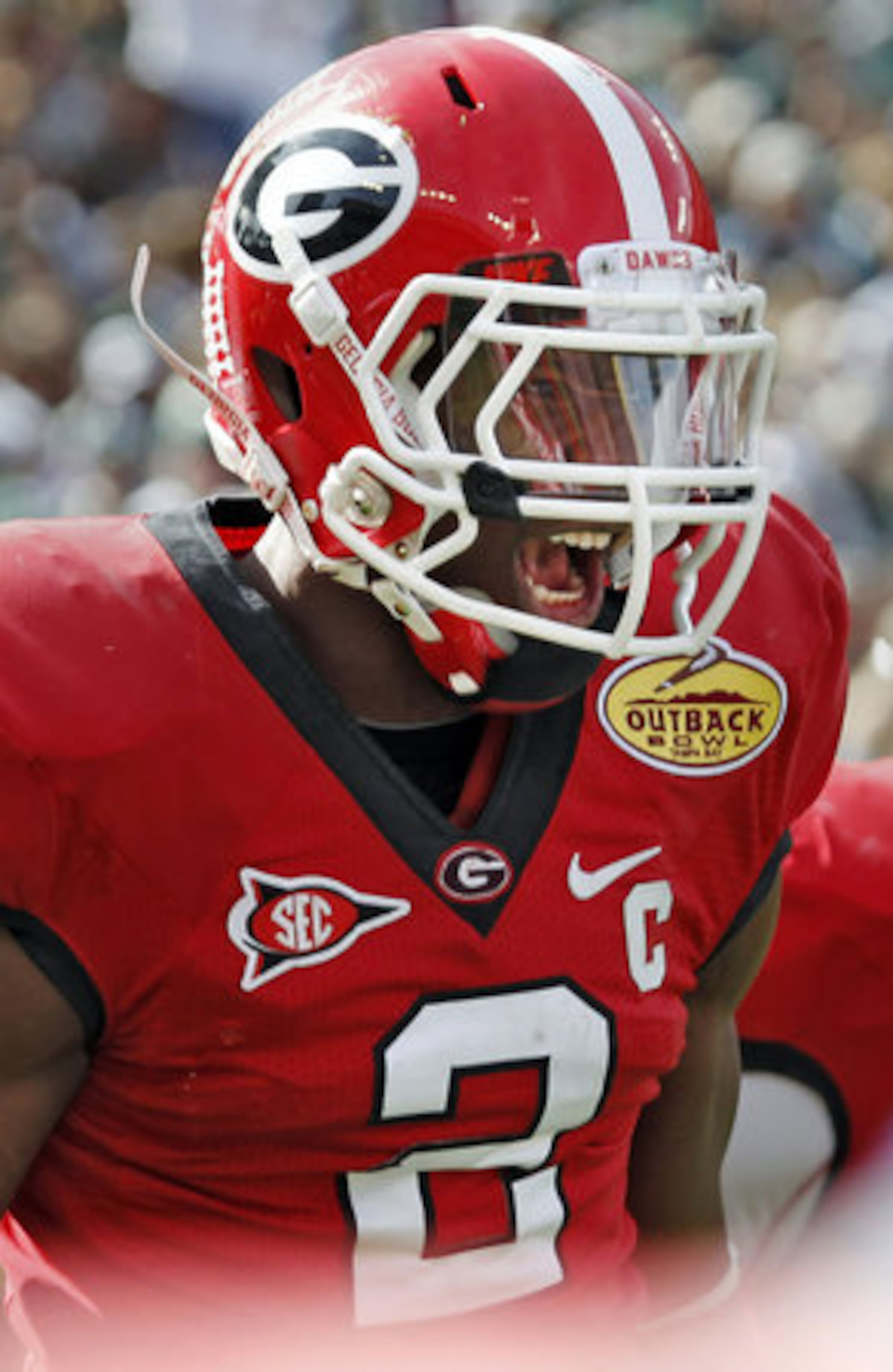 Georgia cornerback Brandon Boykin (2) celebrates after stopping Michigan State wide receiver Keshawn Martin in the end zone for a safety during the first quarter.
