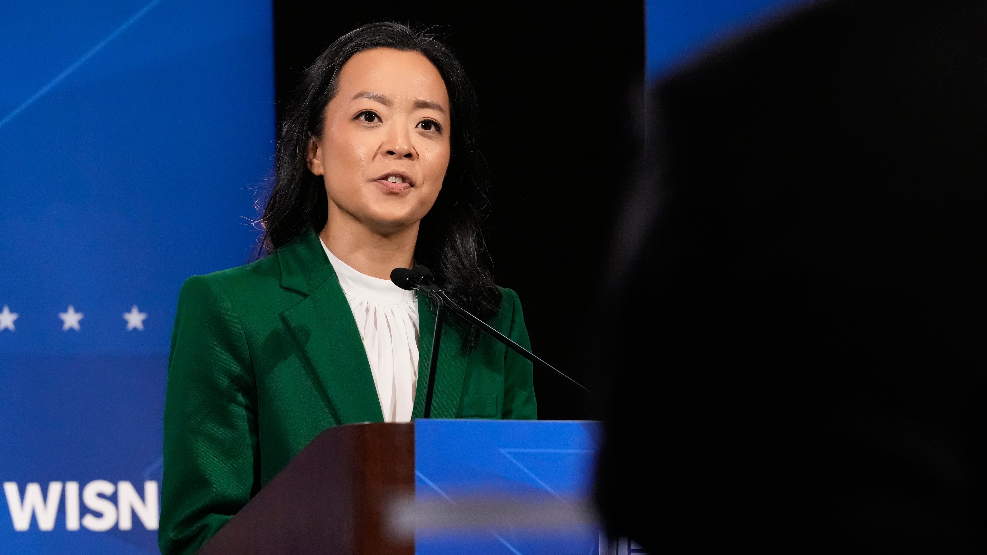 Democratic gubernatorial candidate Francesca Hong talks during a primary debate in Milwaukee, Tuesday, July 28, 2026. (AP Photo/Nam Y. Huh)