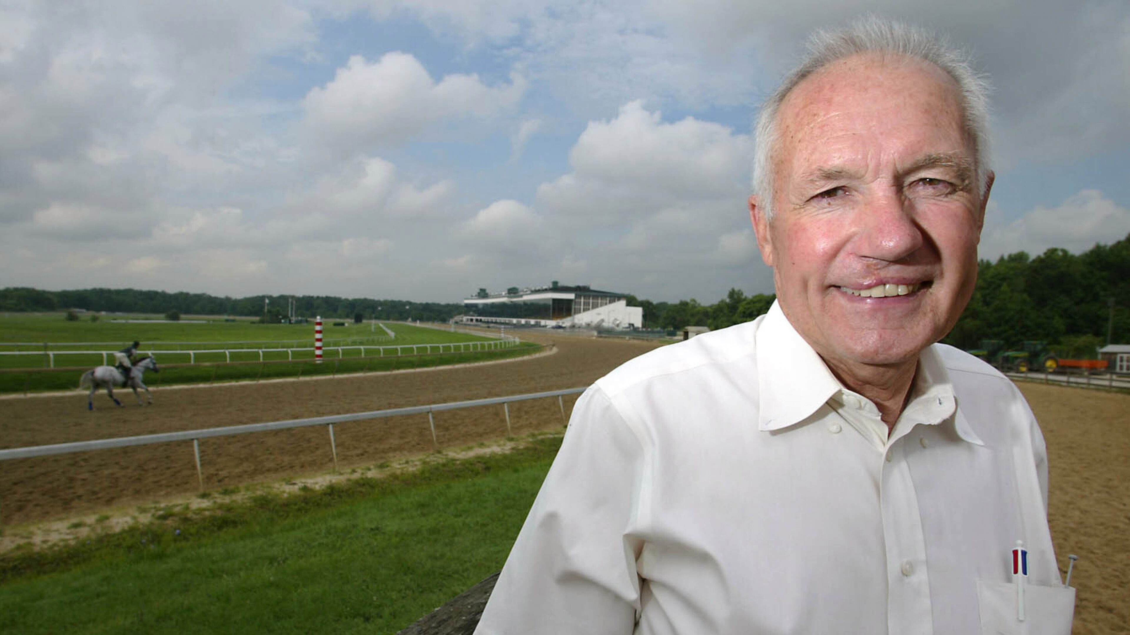FILE - Trainer King Leatherbury is seen at Laurel Race Park in Laurel, Md., on July 30, 2003. (AP Photo/ Matt Houston, File)