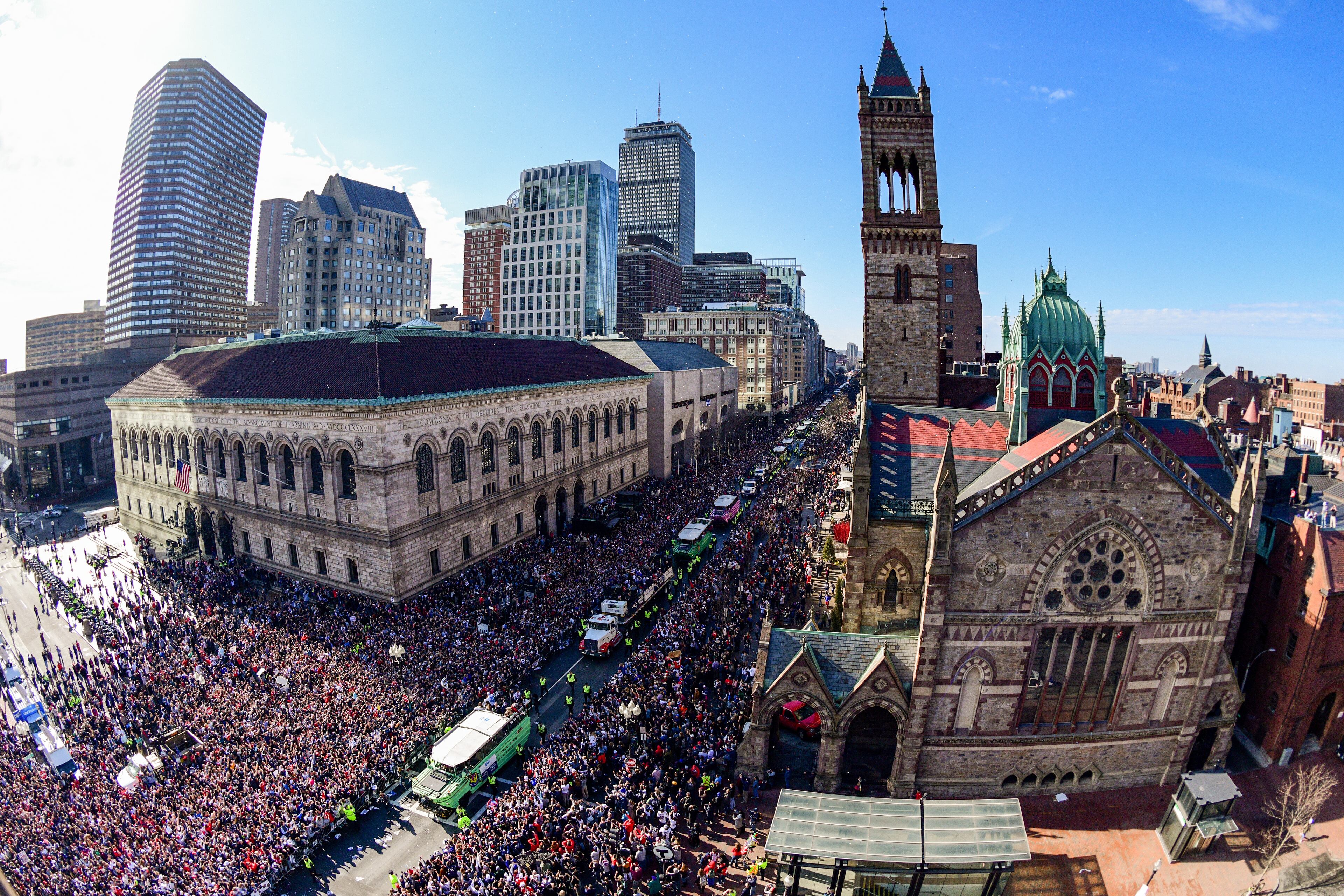 BOSTON, MASSACHUSETTS - FEBRUARY 05: Duck boats line Boylston Street as the New England Patriots Super Bowl Victory Parade is held on February 05, 2019 in Boston, Massachusetts. (Photo by Billie Weiss/Getty Images)