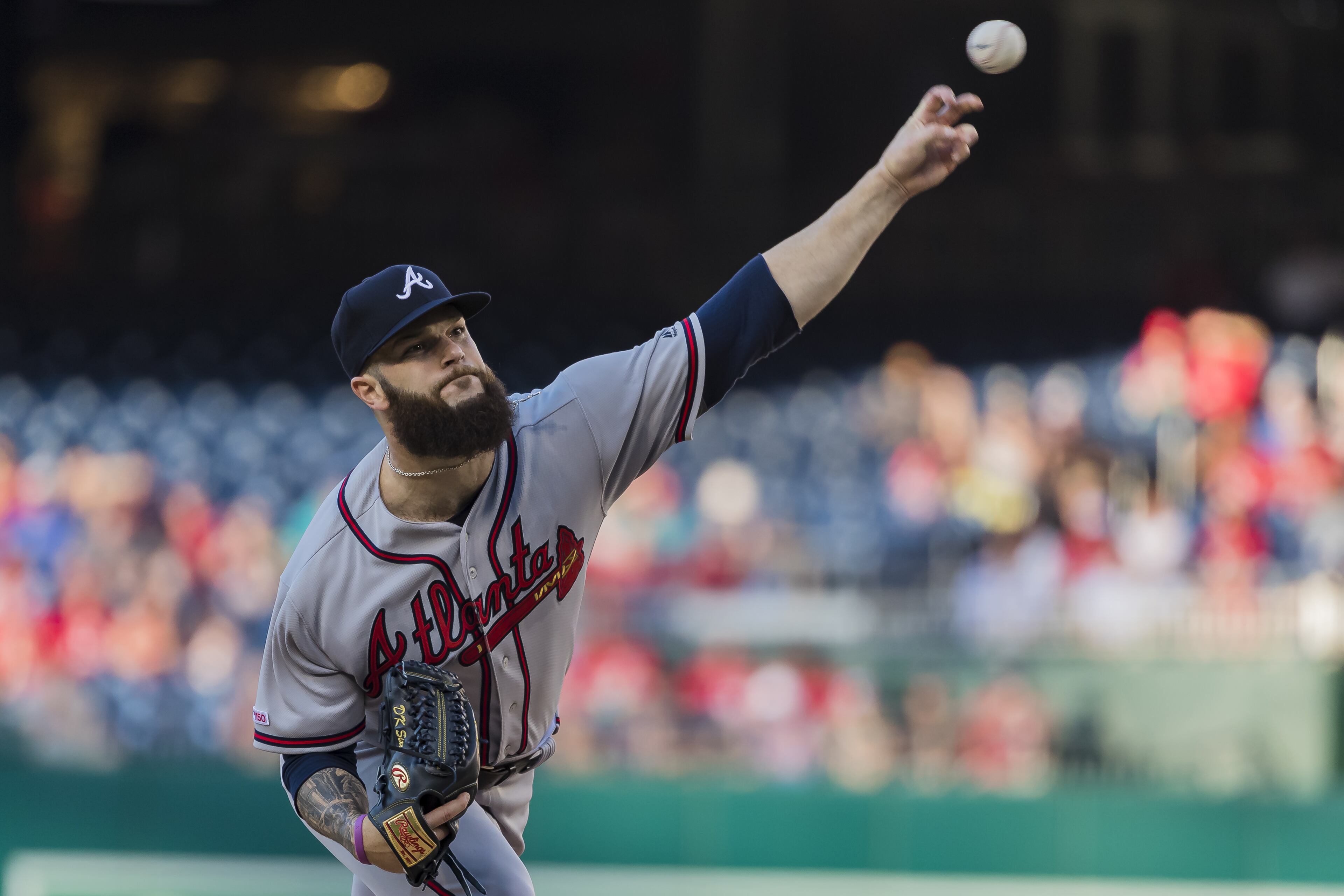 Dallas Keuchel #60 of the Atlanta Braves pitches in his debut against the Washington Nationals during the first inning at Nationals Park on June 21, 2019 in Washington, DC. (Photo by Scott Taetsch/Getty Images)