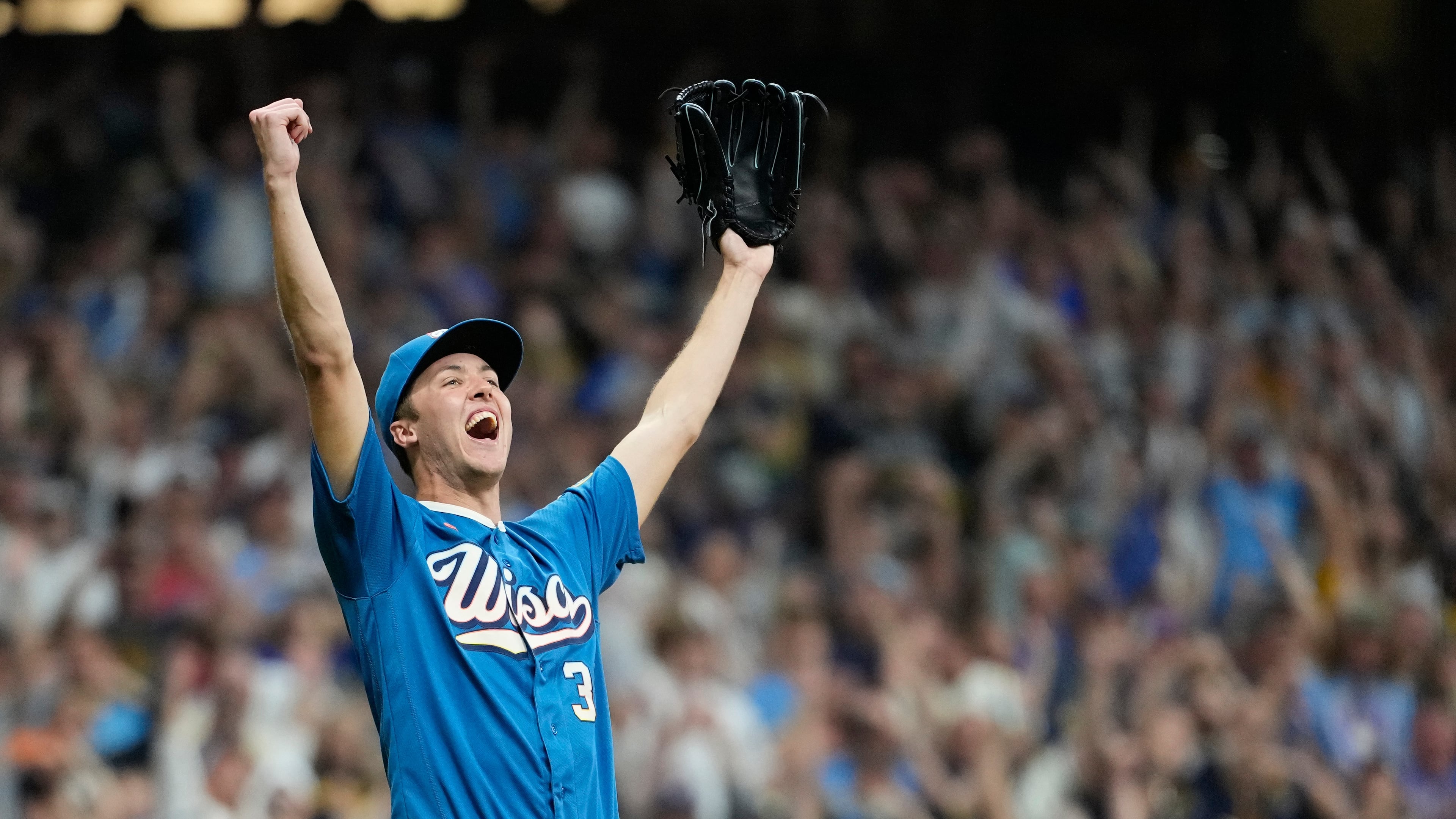Milwaukee Brewers' Jacob Misiorowski reacts after recording the final out during the ninth inning of a baseball game against the Philadelphia Phillies, Friday, June 12, 2026, in Milwaukee. (AP Photo/Aaron Gash)