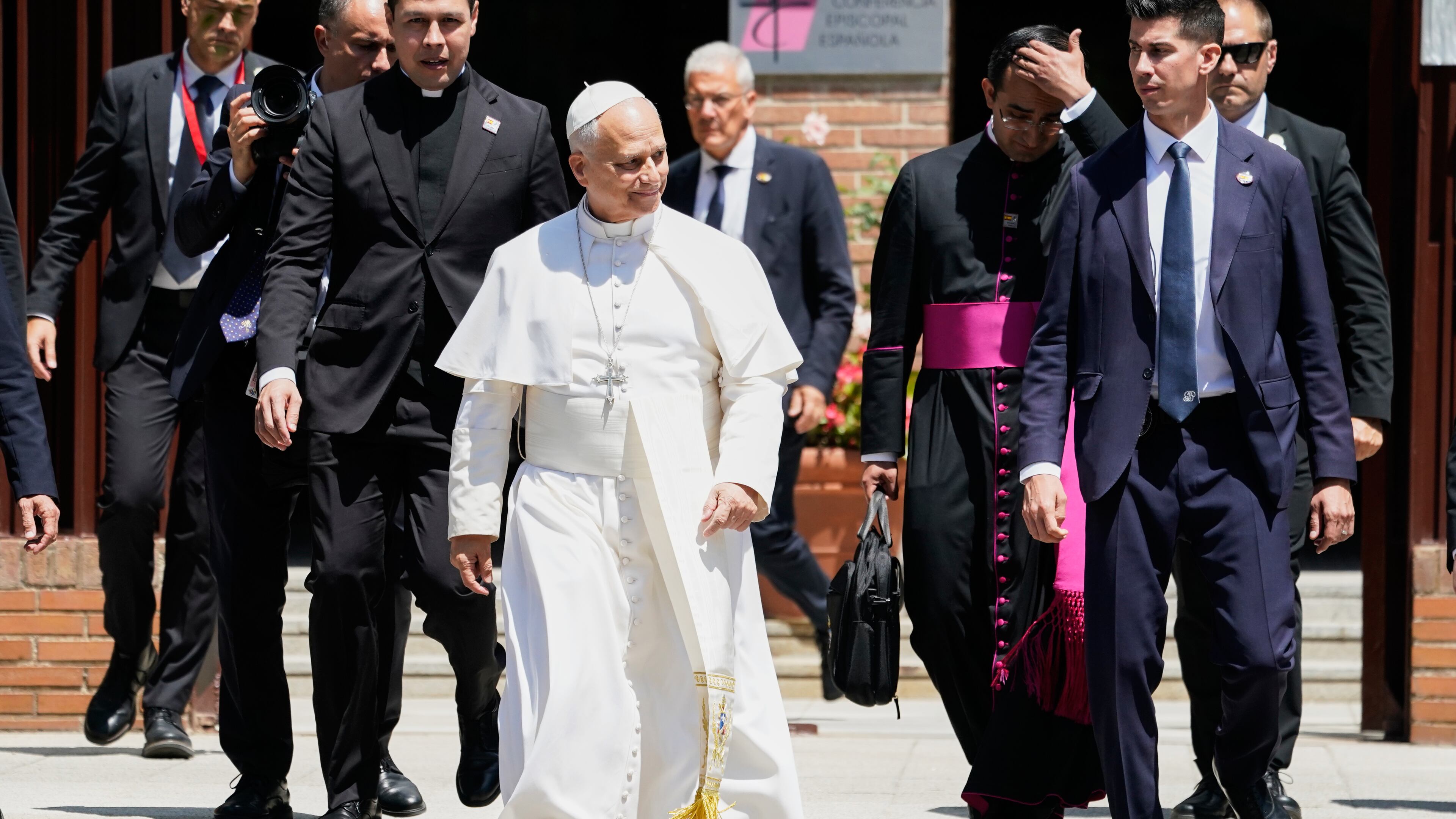 Pope Leo XIV leaves after meeting with Spain's bishops at the Spanish Episcopal Conference in Madrid, Spain, Monday, June 8, 2026. (AP Photo/Andrea Comas)