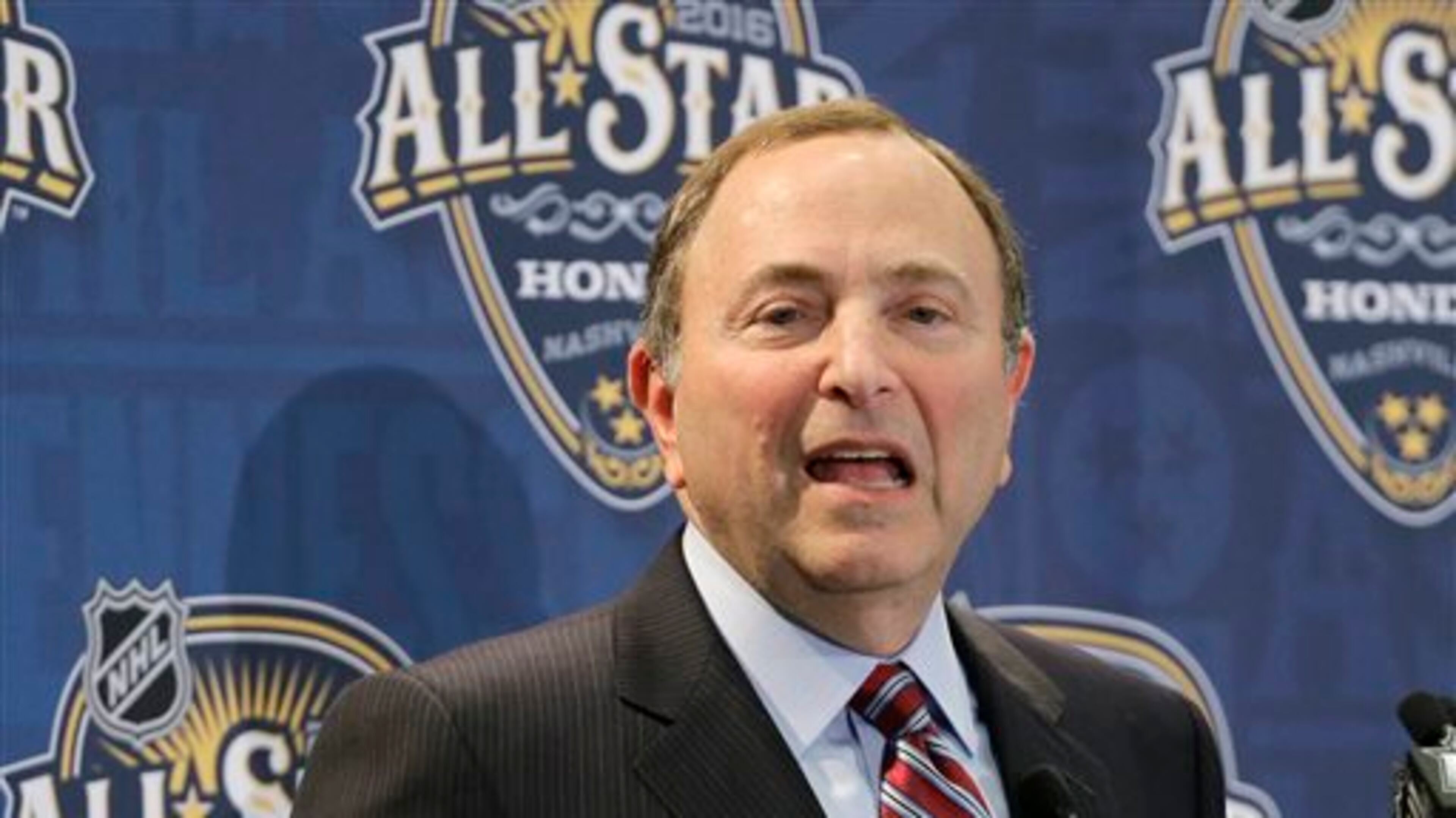 FILE - In this Jan. 31, 2016, file photo, NHL commissioner Gary Bettman speaks during a news conference before the NHL hockey All-Star game skills competition in Nashville, Tenn. Days after watching Philadelphia fans throw light-up wristbands onto the ice, Bettman says he doesn't want spectators tossing anything on the ice, except hats. That includes rats in Florida and octopi in Detroit. (AP Photo/Mark Humphrey, File0