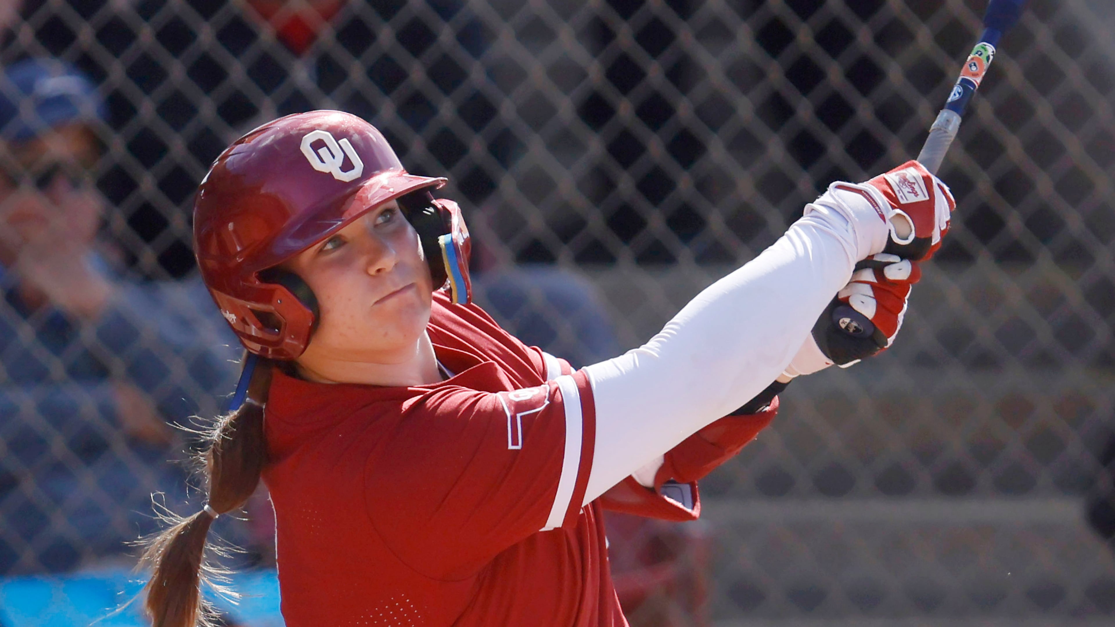 FILE - Oklahoma catcher Kendall Wells (1) during an NCAA softball game against Duke on Friday, Feb. 20, 2026, in Cathedral City, Calif. (AP Photo/Mike Buscher, FIle)