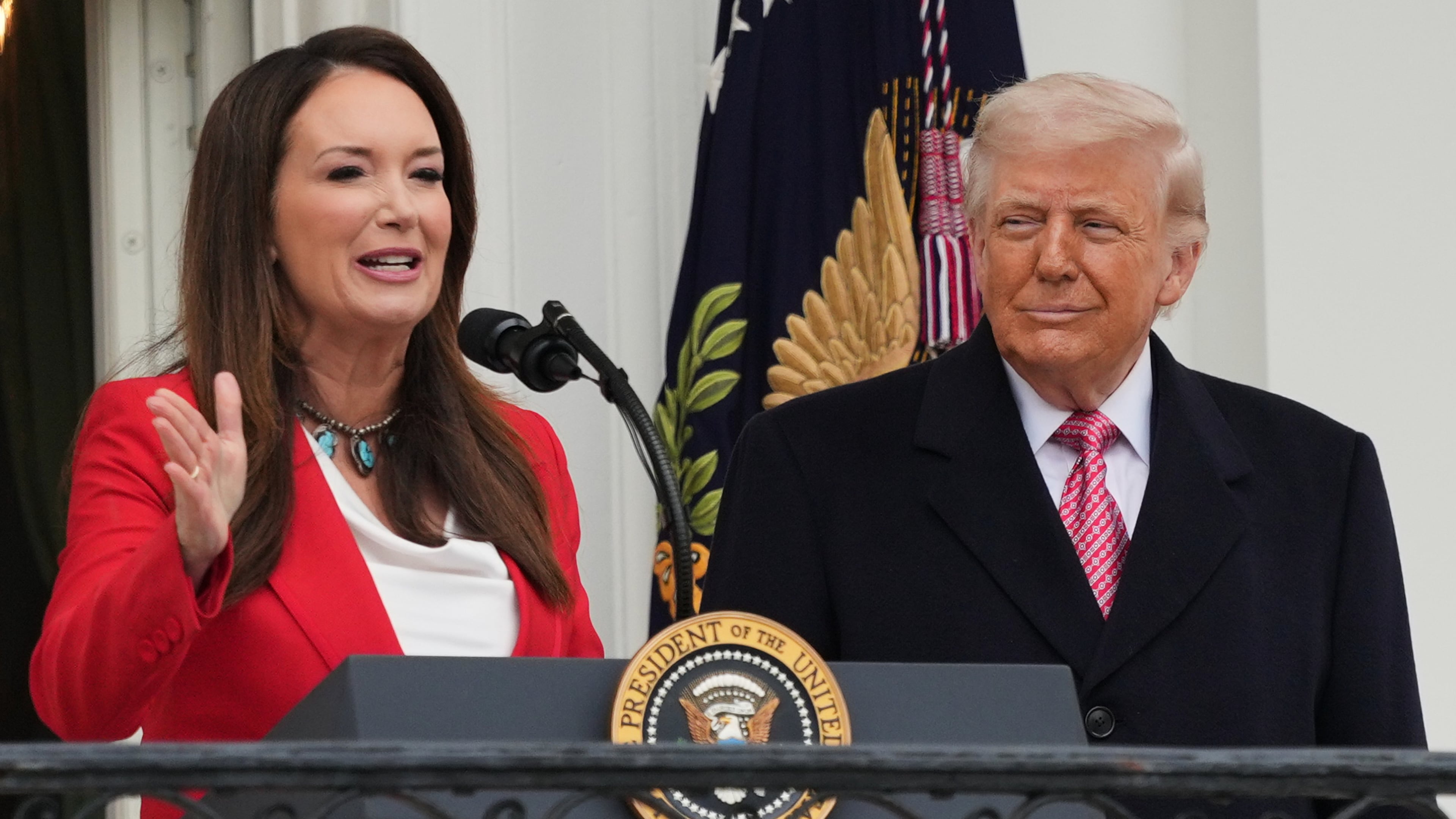 President Donald Trump listens to Agriculture Secretary Brooke Rollins speak during an event with farmers on the South Lawn of the White House, Friday, March 27, 2026, in Washington. (AP Photo/Julia Demaree Nikhinson)