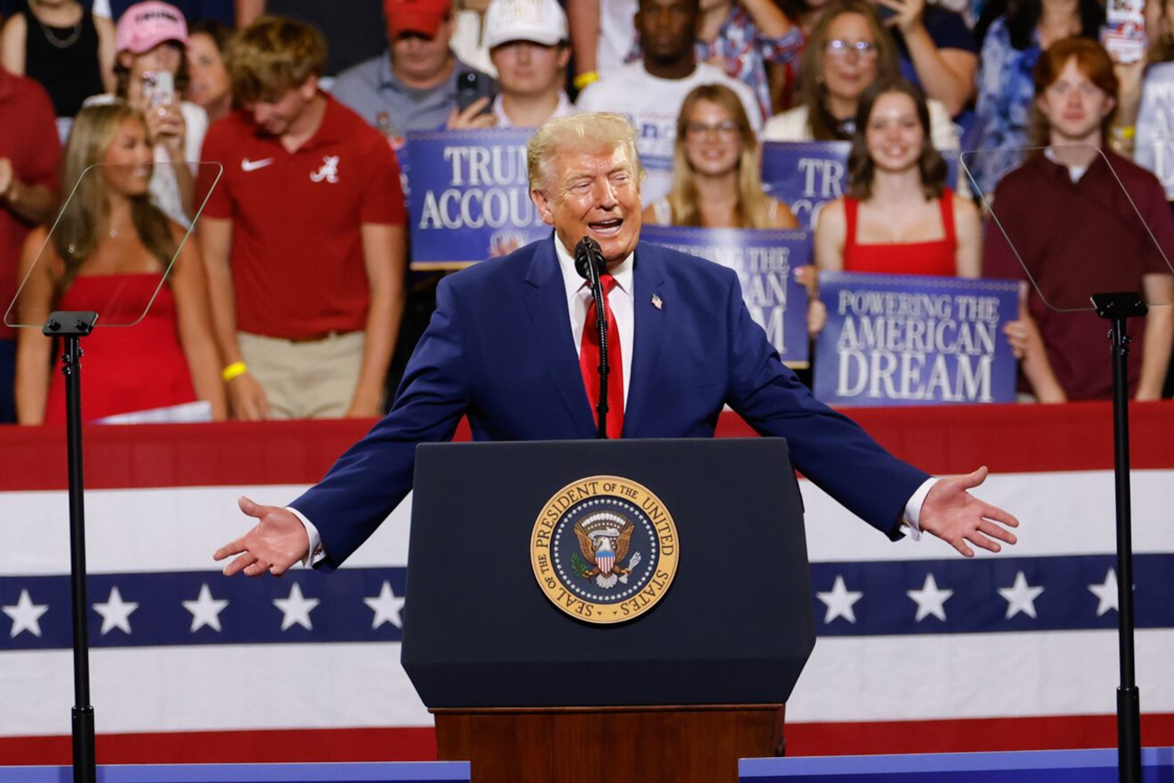 President Donald Trump speaks at Wheeler High School in Marietta on July 22, 2026. (Arvin Temkar/AJC)