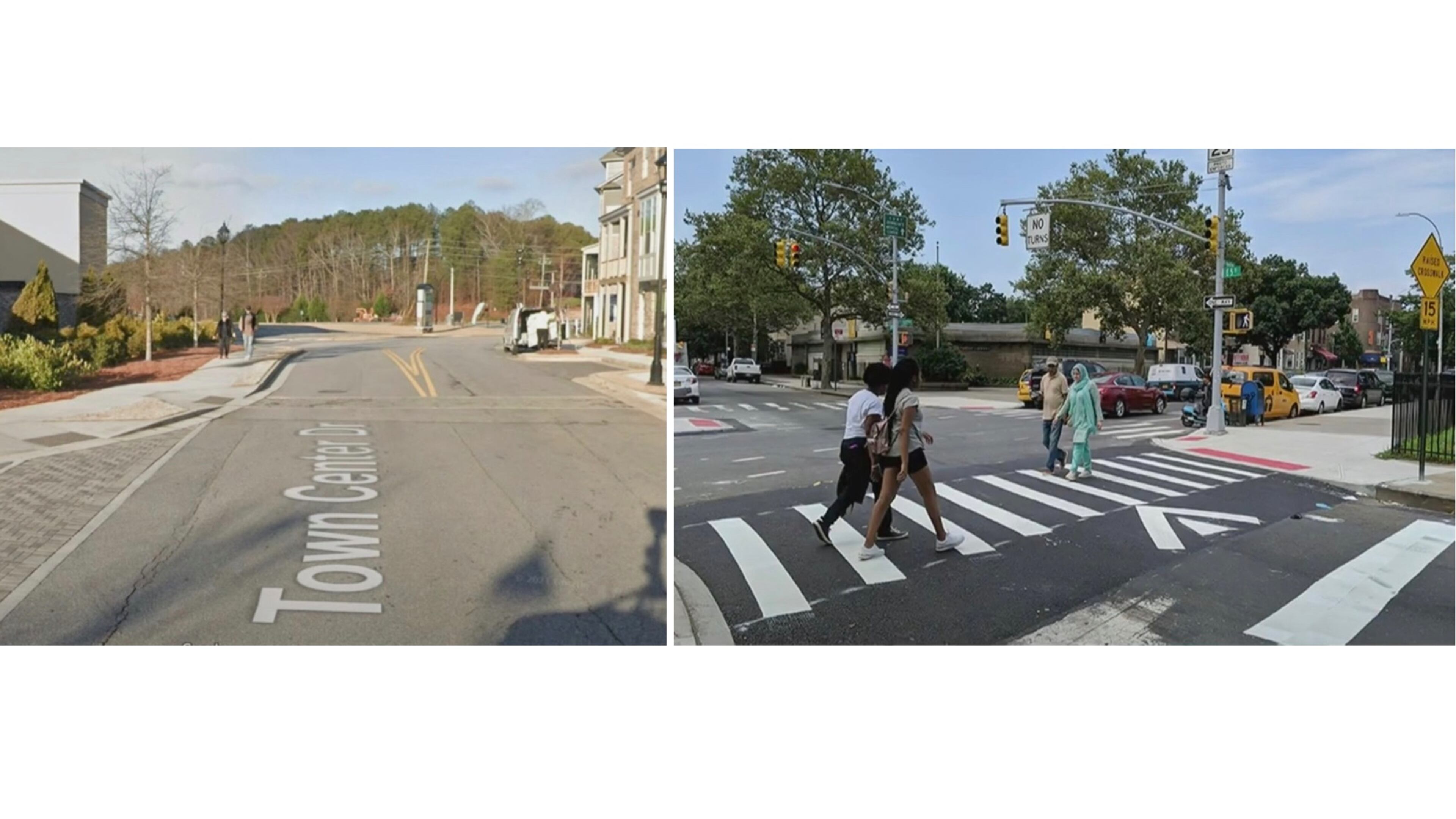 Peachtree Corners plans to create a raised crosswalk (like the one shown on the right) at the existing crosswalk between Sprouts and the townhomes on Town Center Drive to slow drivers. (Courtesy Peachtree Corners and Google)
