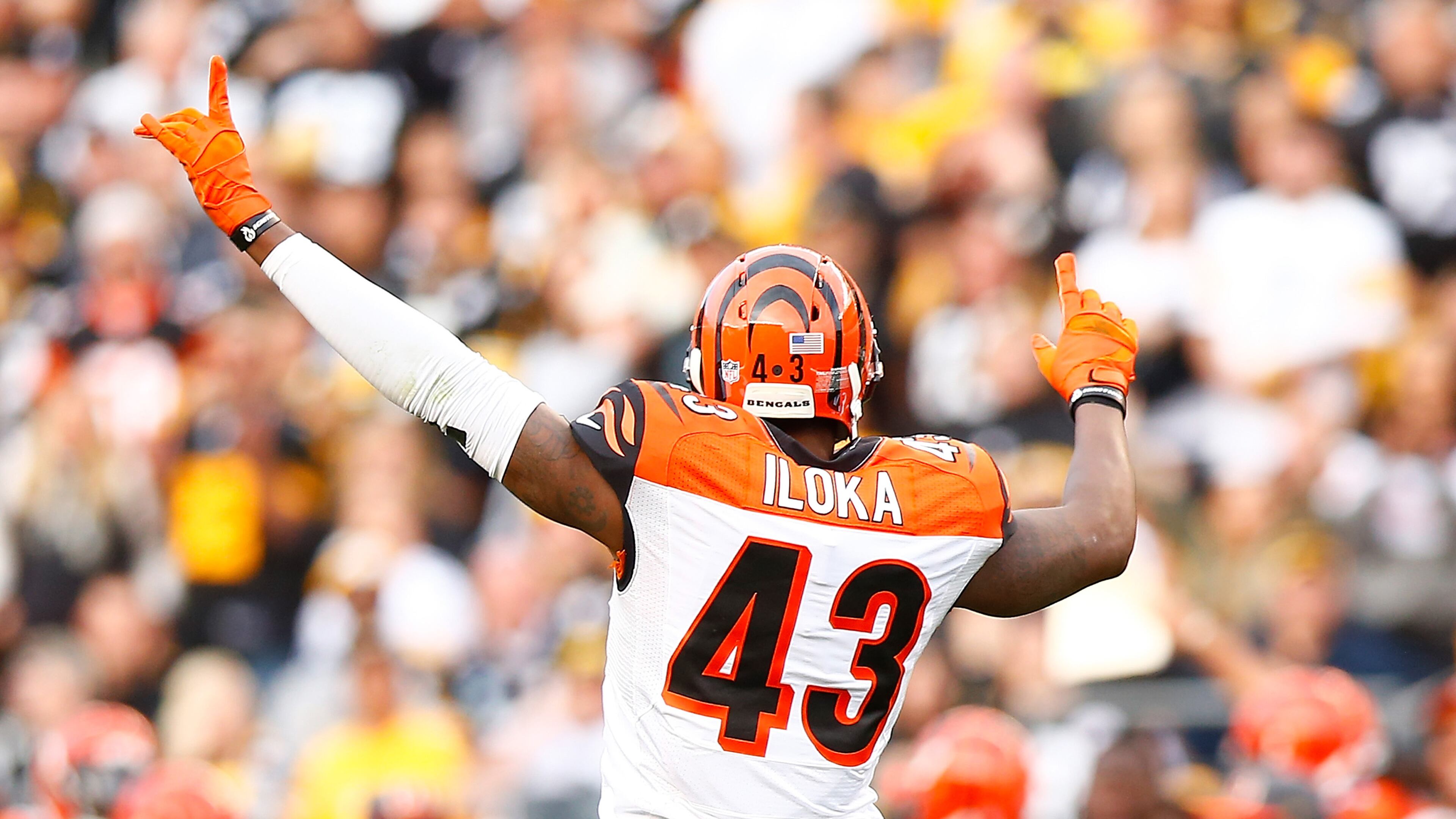 George IIoka of the Cincinnati Bengals reacts after the Bengals intercepted the ball from the Pittsburgh Steelers in the 4th quarter Nov. 1, 2015 in Pittsburgh.