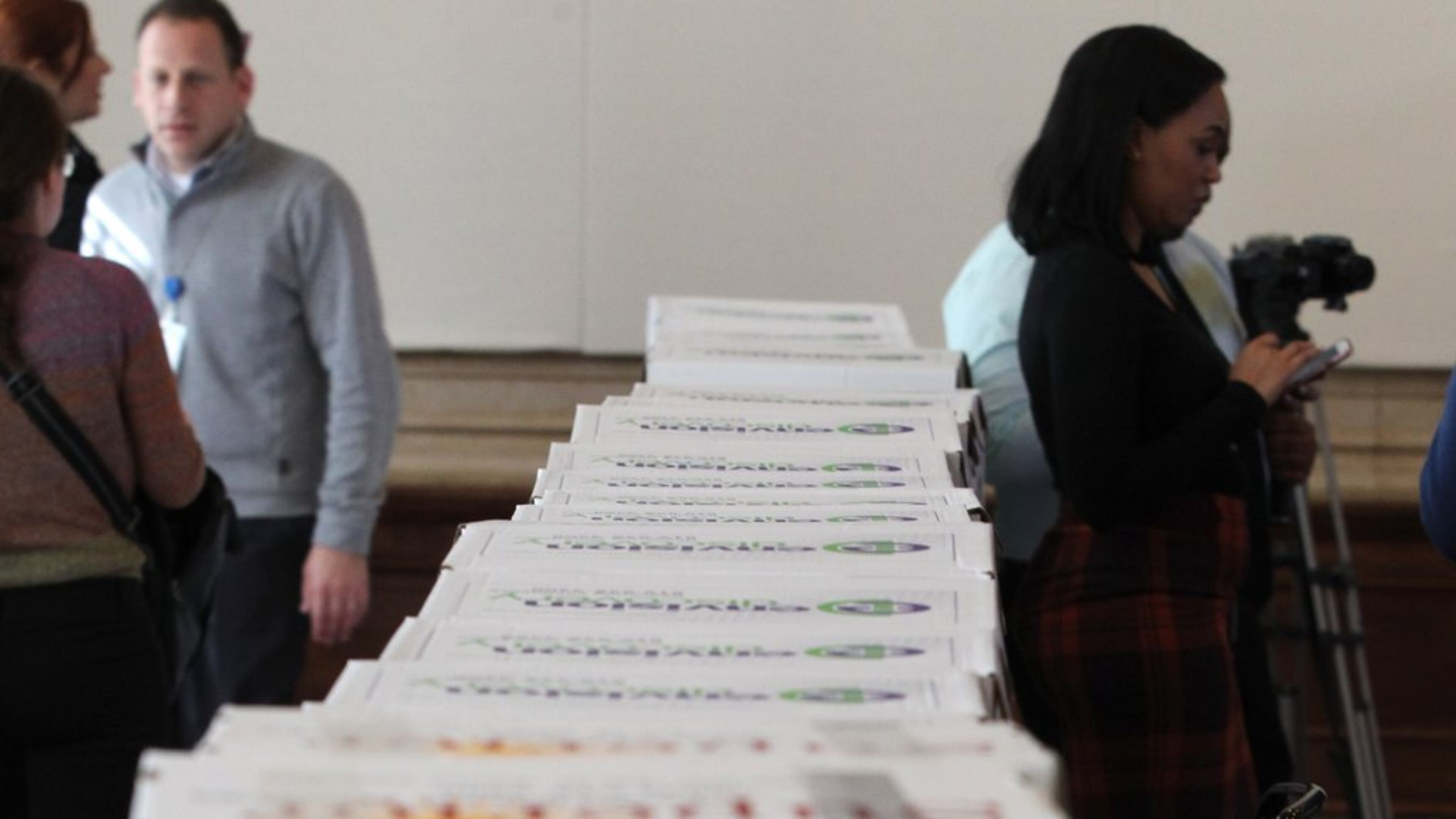 February 9, 2017, Atlanta, Georgia - Multiple layers of multiple rows of boxes of documents pertaining to the City Hall Bribery Case were released to the press and public in Atlanta, Georgia, on Thursday, February 9, 2017. (HENRY TAYLOR / HENRY.TAYLOR@AJC.COM)