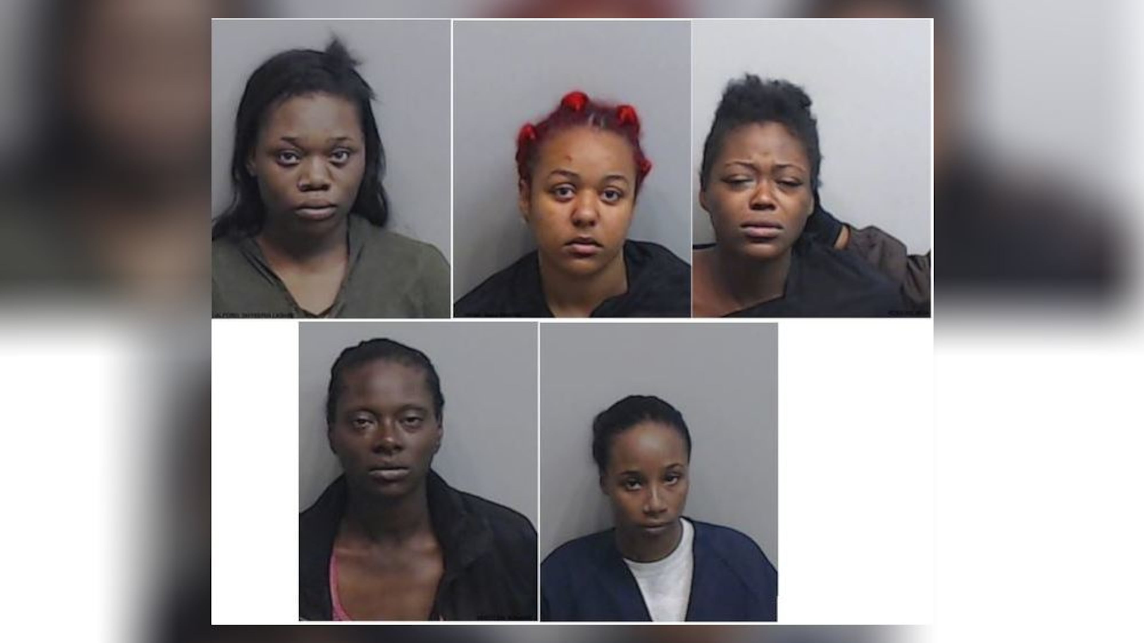 (From left to right) Shykeria Lashae Alford, 21; Naya-Michelle Hunter, 18; Asia Rogers, 21; Kamara Wheeler, 36; and LaShirley Morris, 27, each face two counts of battery and unlawful acts of violence in a penal institution in the Feb. 9 attack.