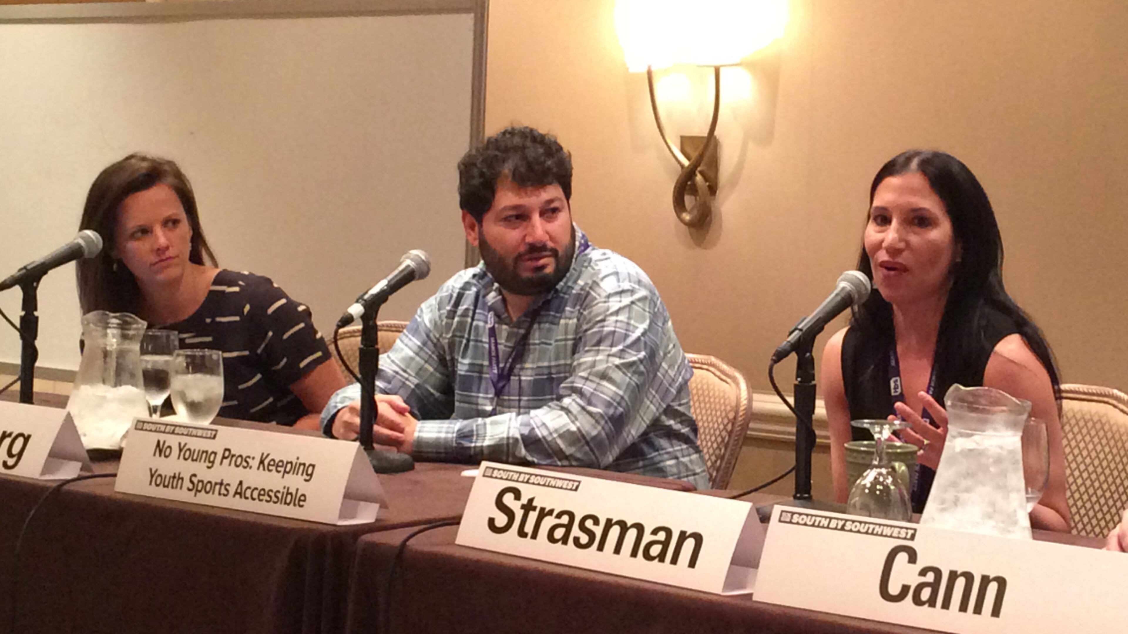 From left, moderator Danielle Elliot of Vice Sports, Jeremy Goldberg of LeagueApps and Lisa Strasman of NCSA Athletic Recruiting discuss the pitfalls of the youth sports setup in the United States at the “No Young Pros: Keeping Youth Sports Accessible” panel at SXSW on Sunday.