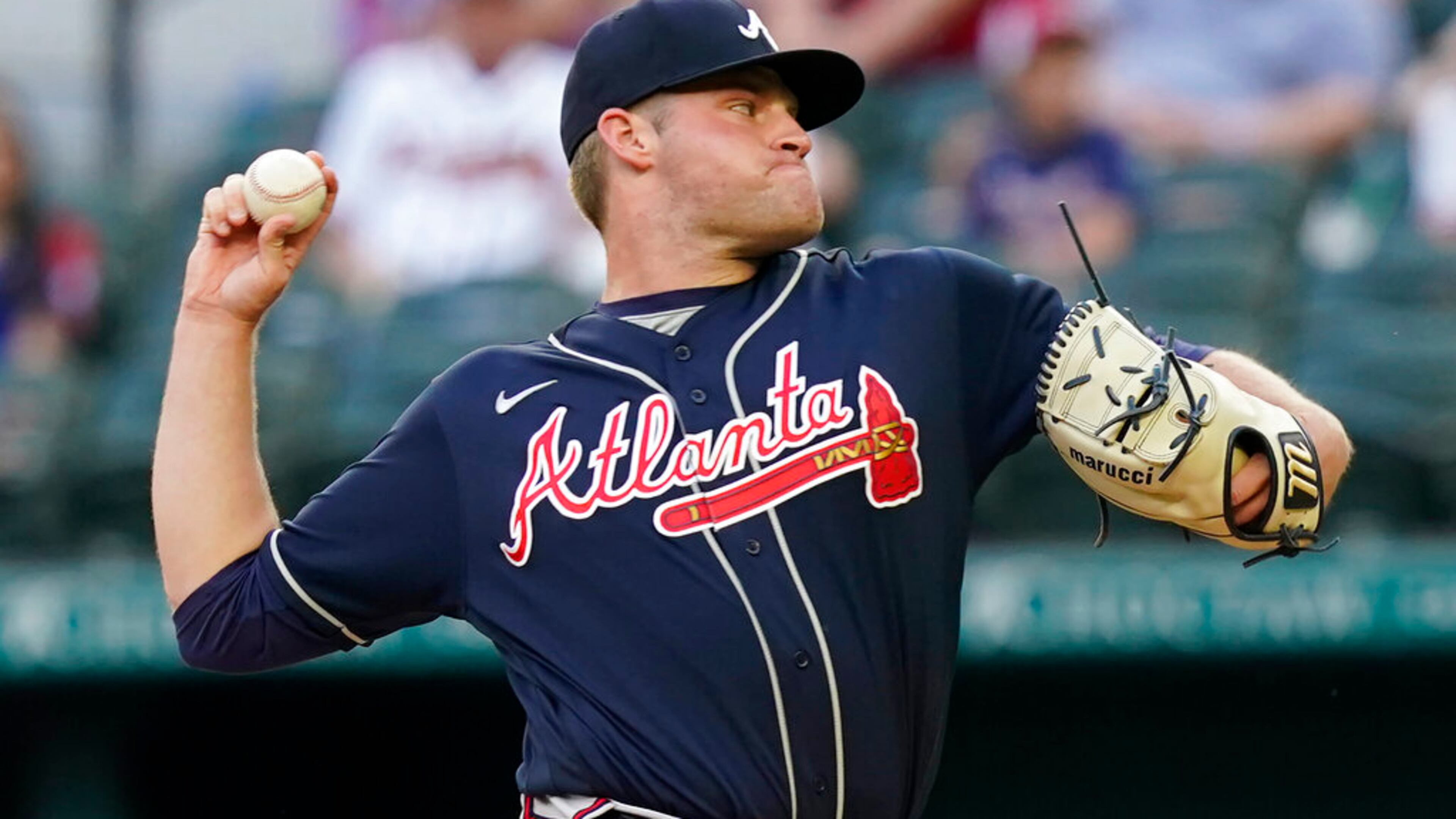 Atlanta Braves starting pitcher Bryce Elder throws during the first inning of the team's baseball game against the Texas Rangers in Arlington, Texas, Saturday, April 30, 2022. (AP Photo/LM Otero)